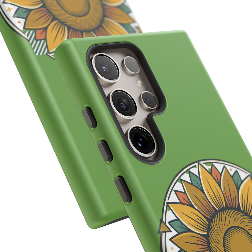 Sunflower Tough Phone Case – Green Floral Protective Case with "AllAbout80s.com" Banner