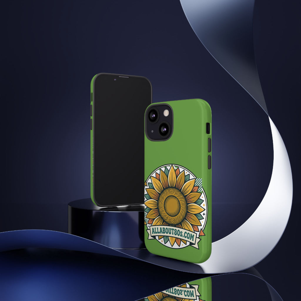 Sunflower Tough Phone Case – Green Floral Protective Case with "AllAbout80s.com" Banner