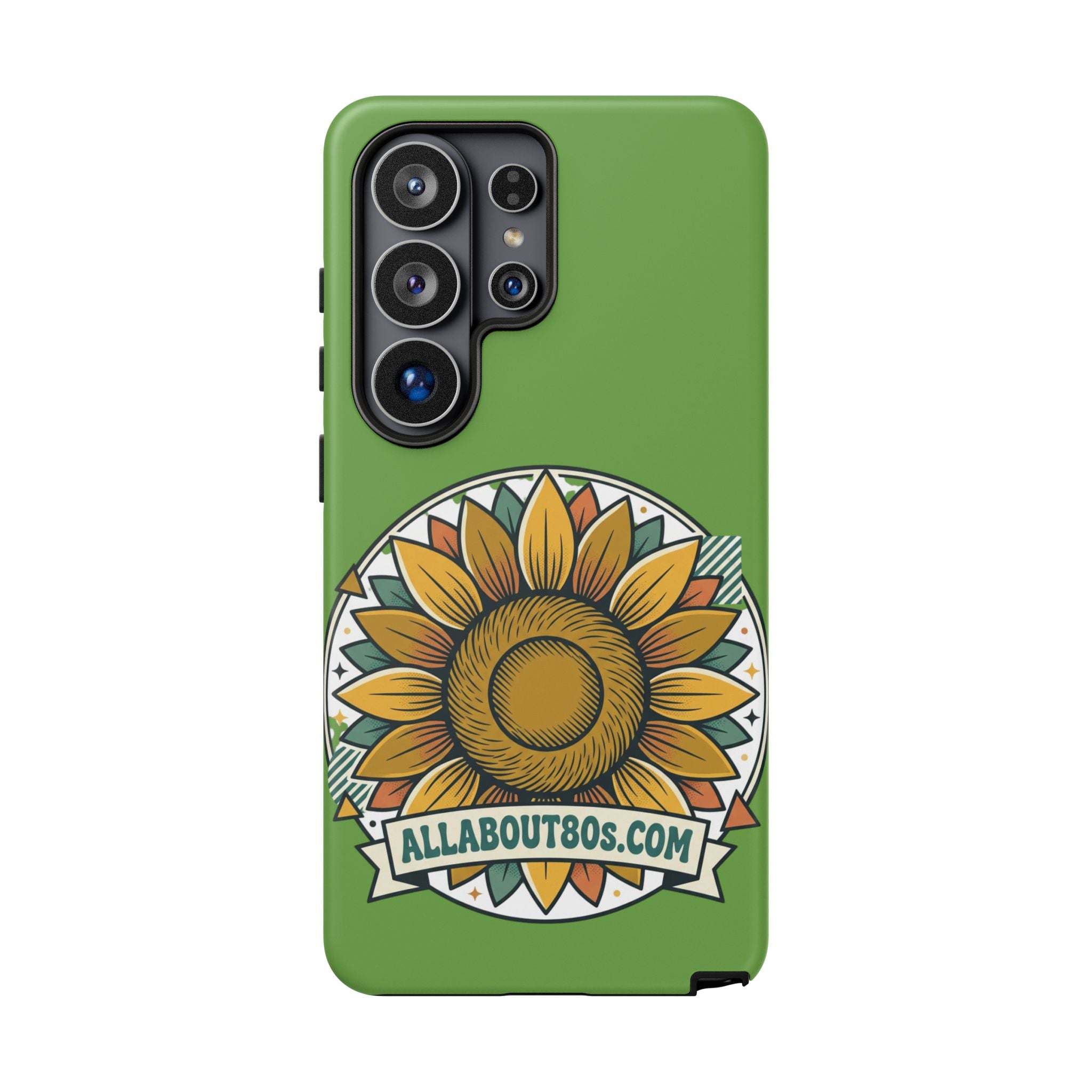 Sunflower Tough Phone Case – Green Floral Protective Case with "AllAbout80s.com" Banner