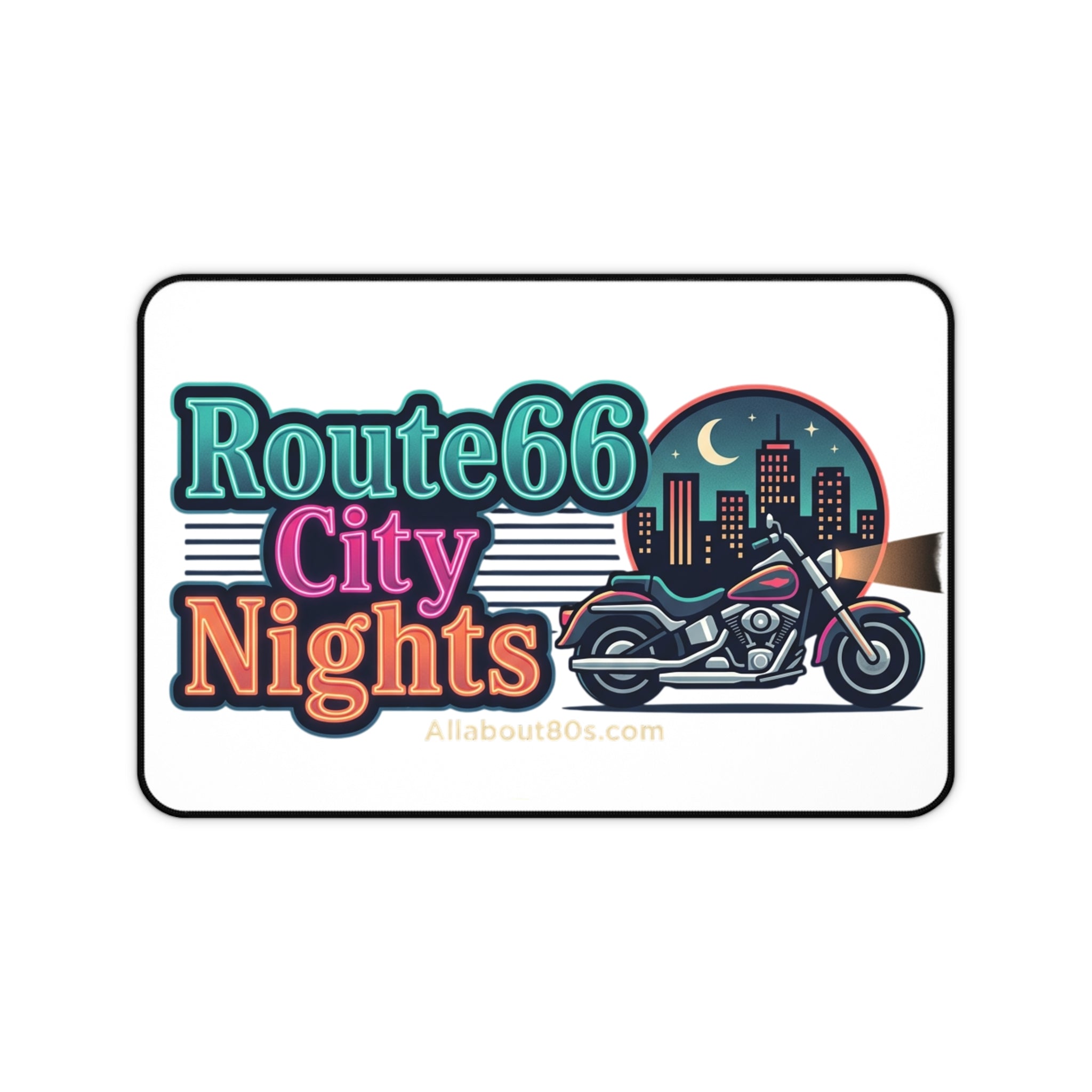 Route 66 City Nights Desk Mat — Retro Motorcycle Night Ride Mouse Pad