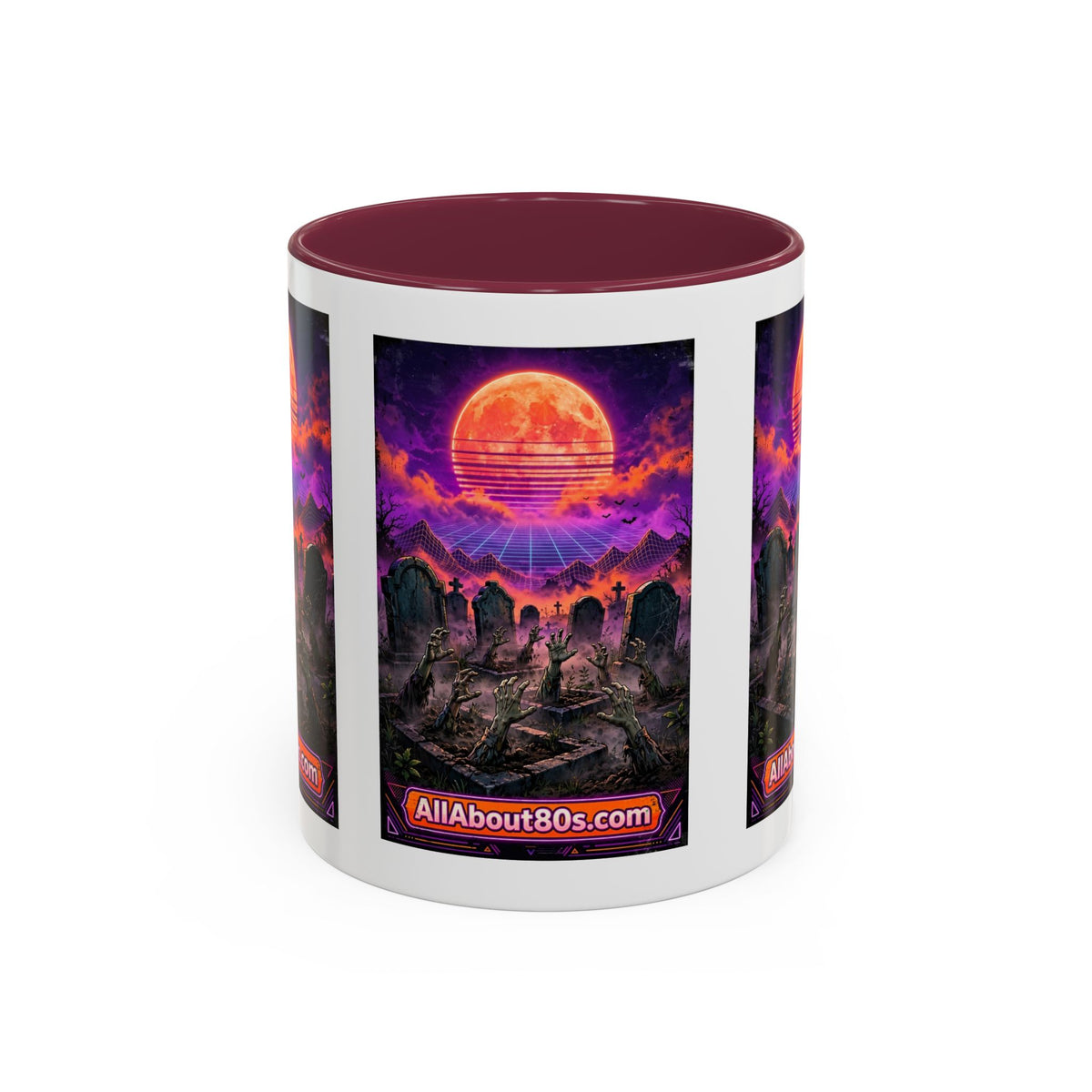 80s Retro Graveyard Sunset Mug — Vaporwave Neon Coffins Coffee Cup (11oz/15oz)