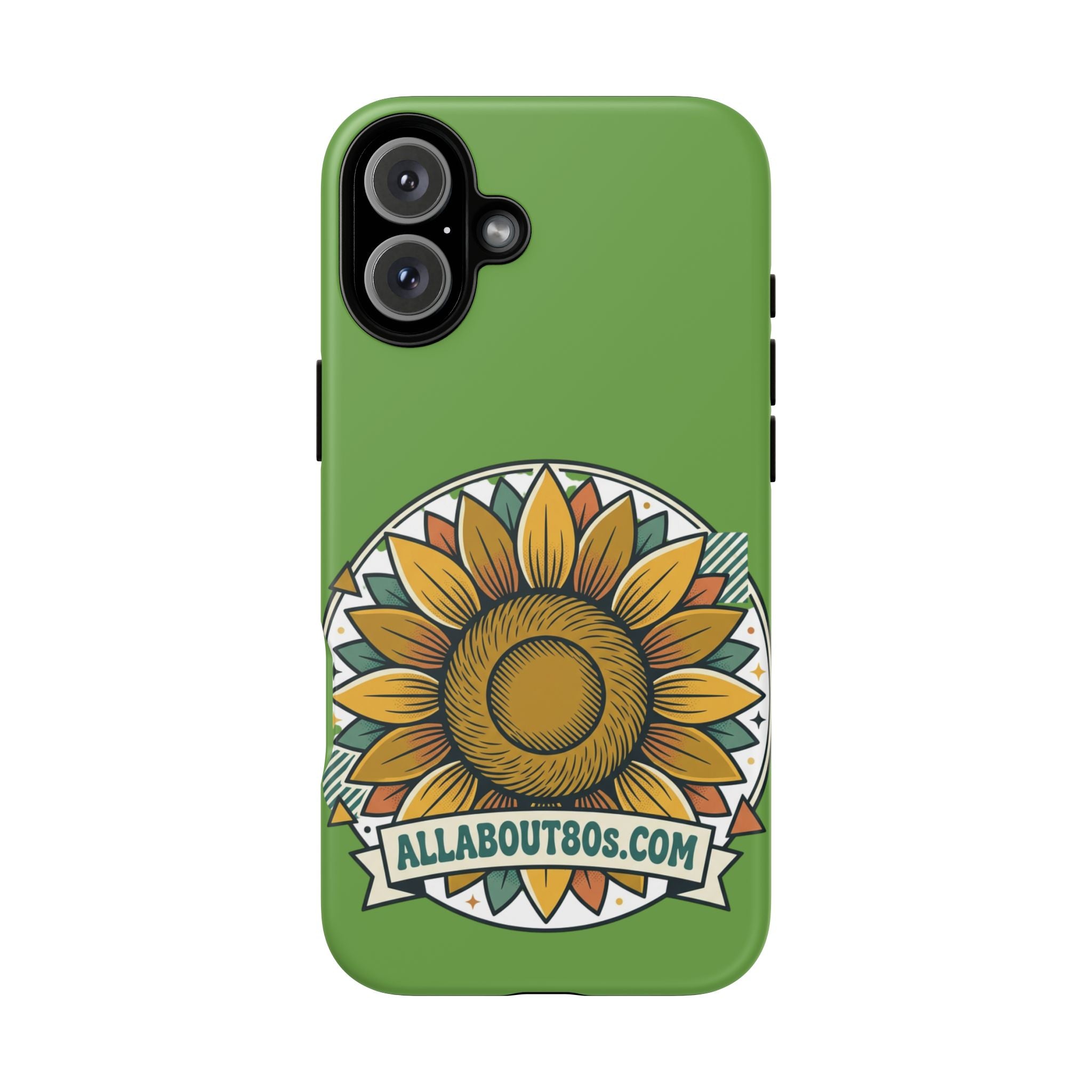 Sunflower Tough Phone Case – Green Floral Protective Case with "AllAbout80s.com" Banner