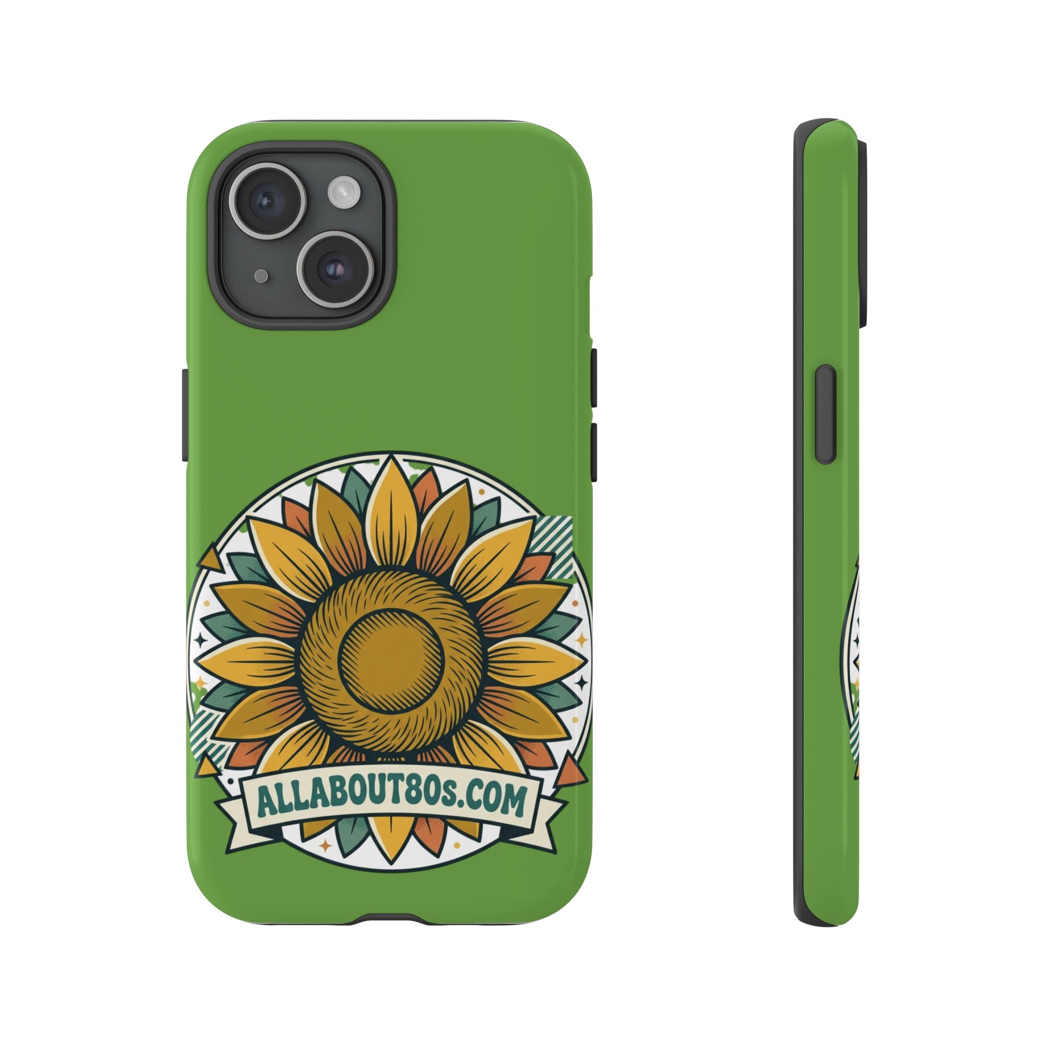 Sunflower Tough Phone Case – Green Floral Protective Case with "AllAbout80s.com" Banner