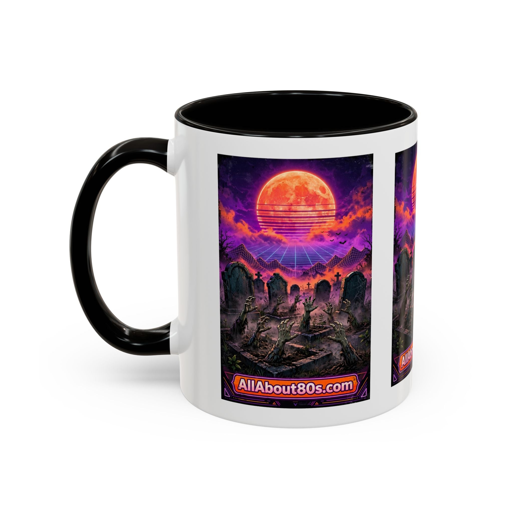 80s Retro Graveyard Sunset Mug — Vaporwave Neon Coffins Coffee Cup (11oz/15oz)