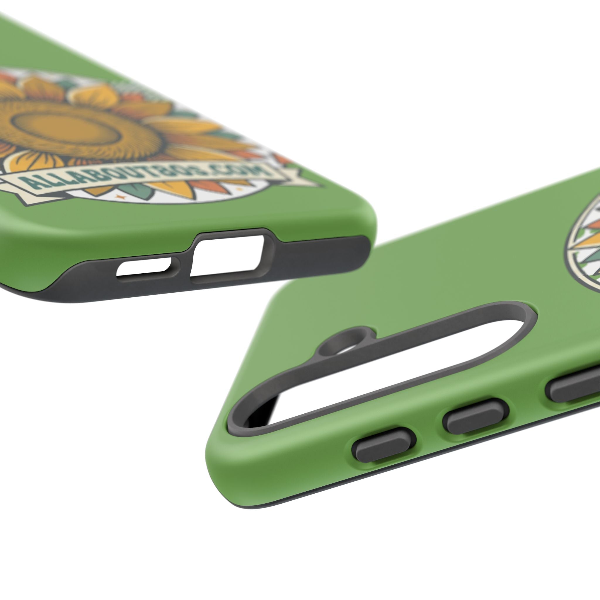Sunflower Tough Phone Case – Green Floral Protective Case with "AllAbout80s.com" Banner
