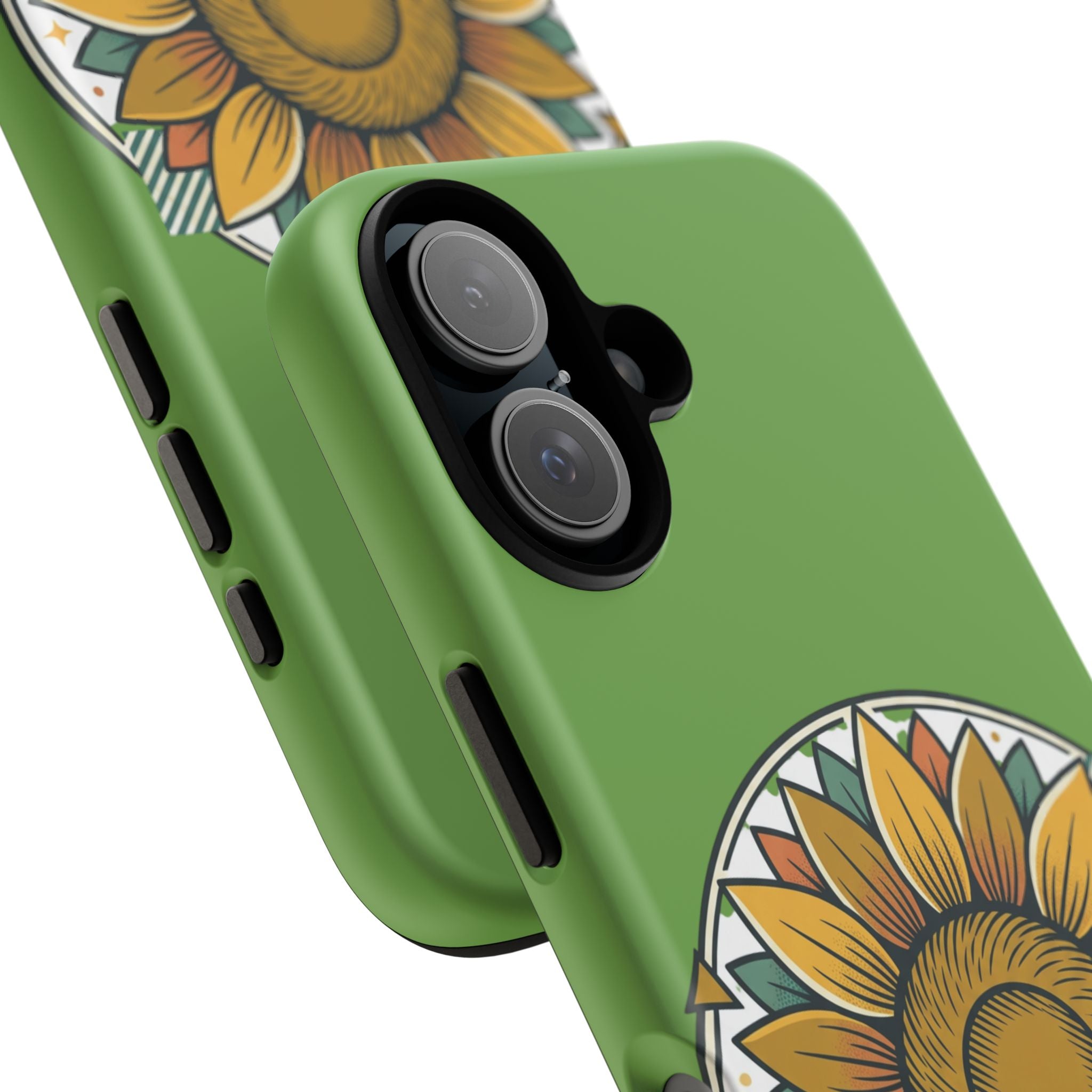 Sunflower Tough Phone Case – Green Floral Protective Case with "AllAbout80s.com" Banner