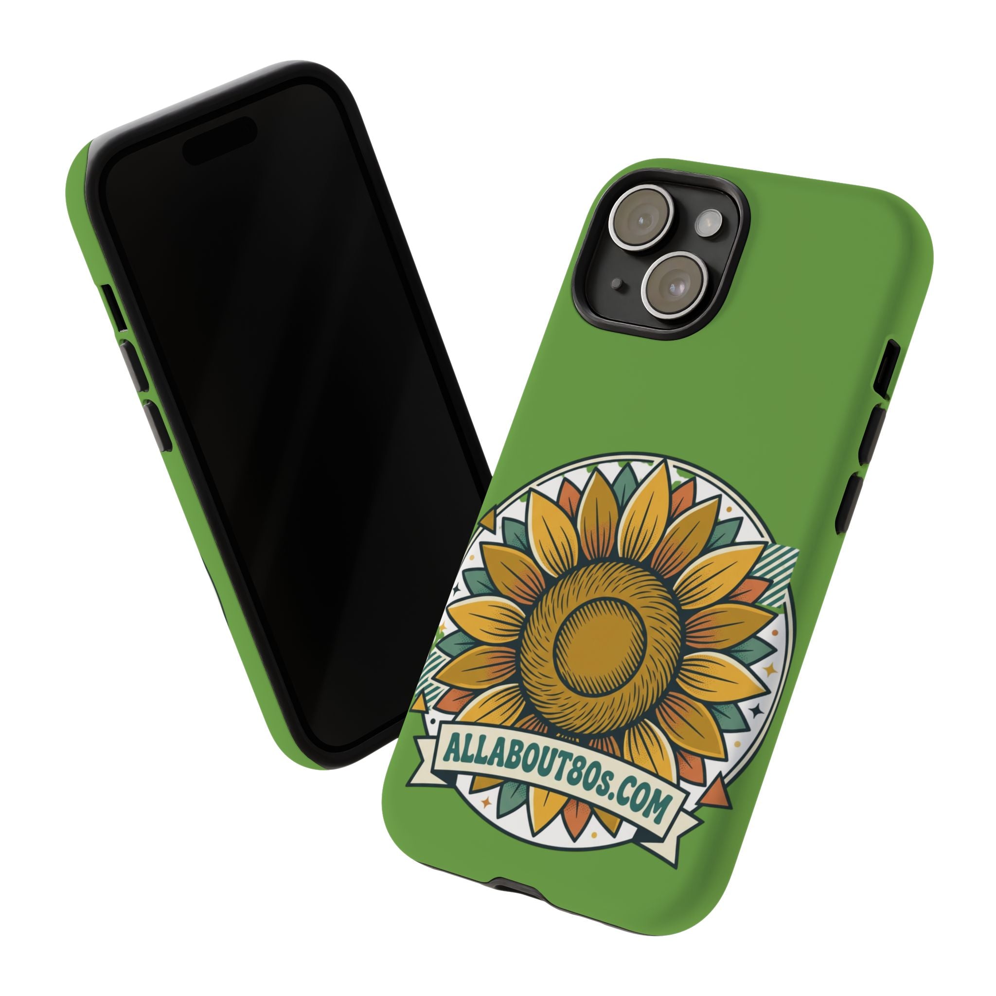 Sunflower Tough Phone Case – Green Floral Protective Case with "AllAbout80s.com" Banner