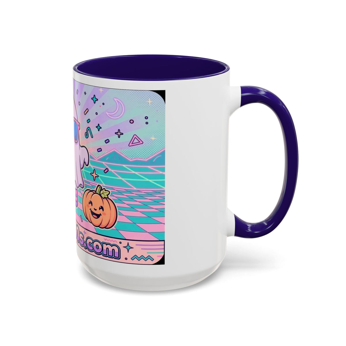 80s Vaporwave Ghost Coffee Mug — Cute Halloween Pumpkin Retro Design (11oz/15oz)