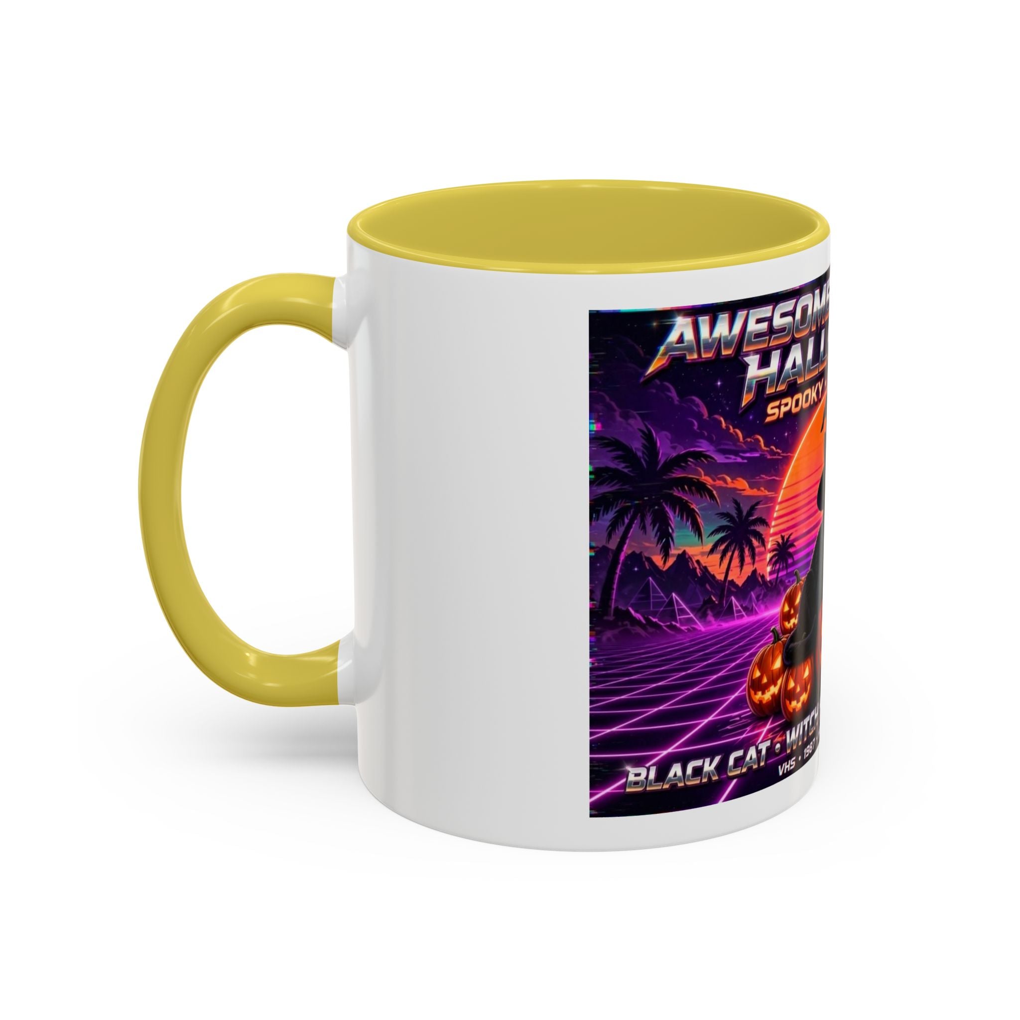 Halloween Retro Cat Mug — Neon 80s Spooky Pumpkin Coffee Cup (11oz/15oz)