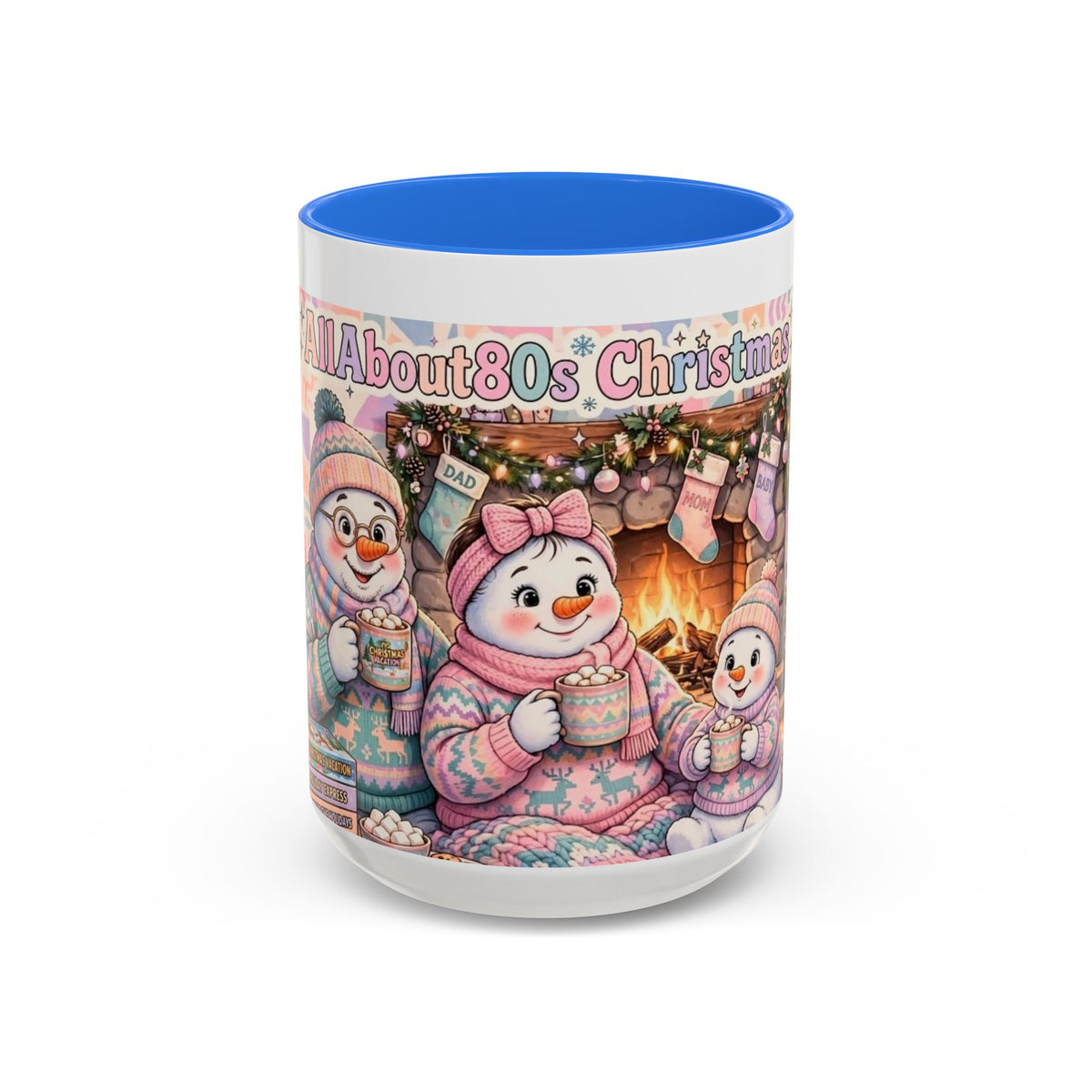 Cute Snowman Christmas Mug — 'All About 80s Christmas' Colorful Holiday Coffee Cup (11oz/15oz)