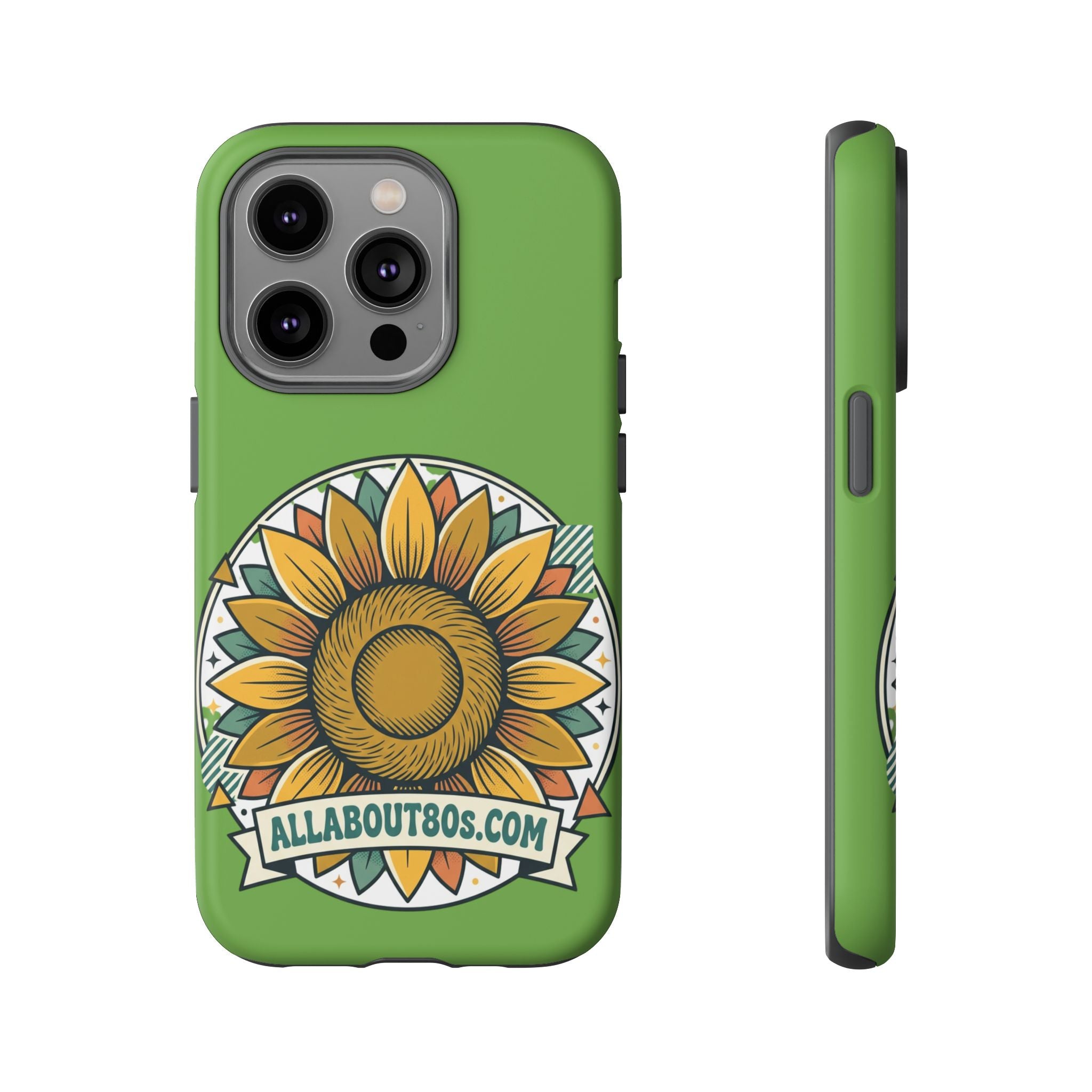 Sunflower Tough Phone Case – Green Floral Protective Case with "AllAbout80s.com" Banner