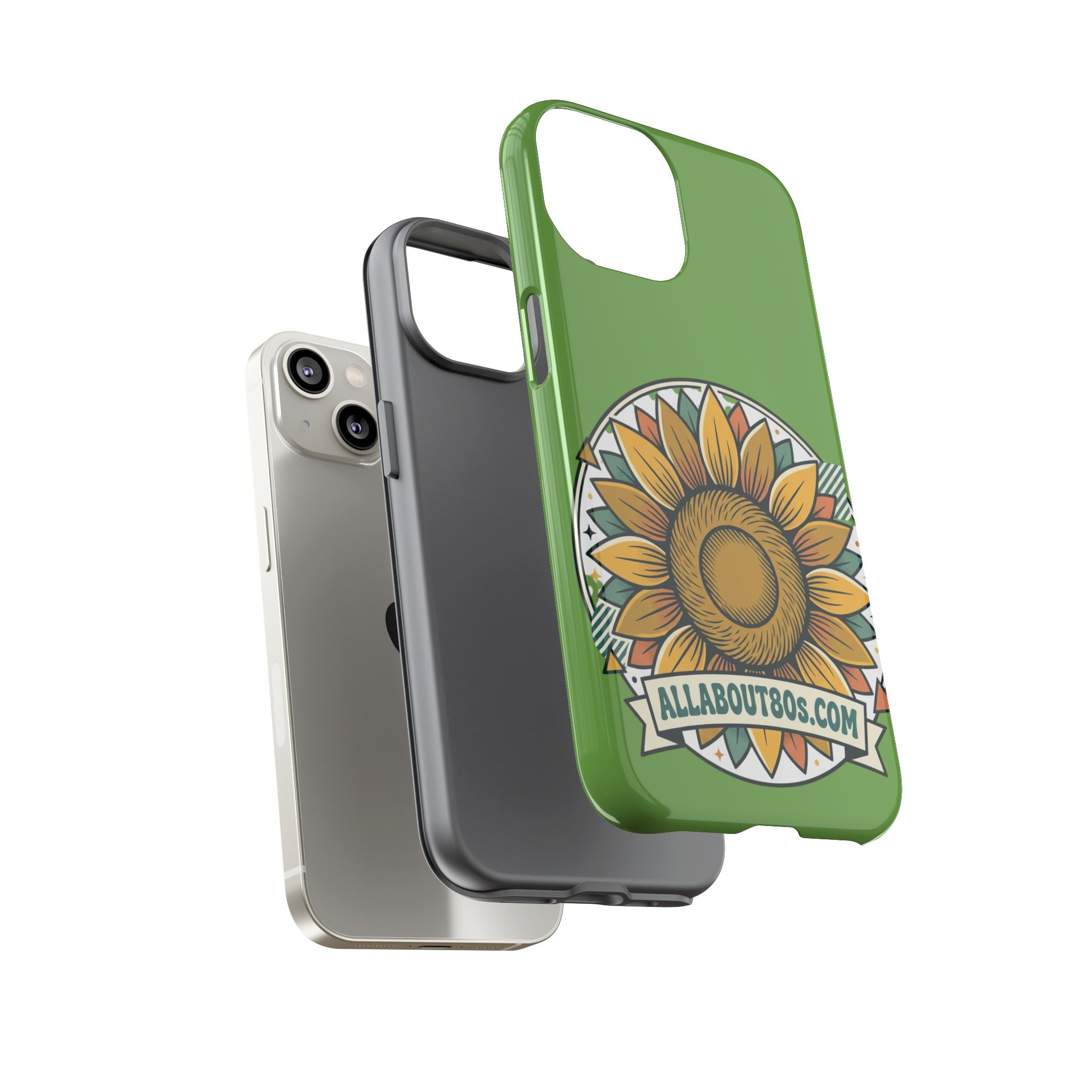 Sunflower Tough Phone Case – Green Floral Protective Case with "AllAbout80s.com" Banner
