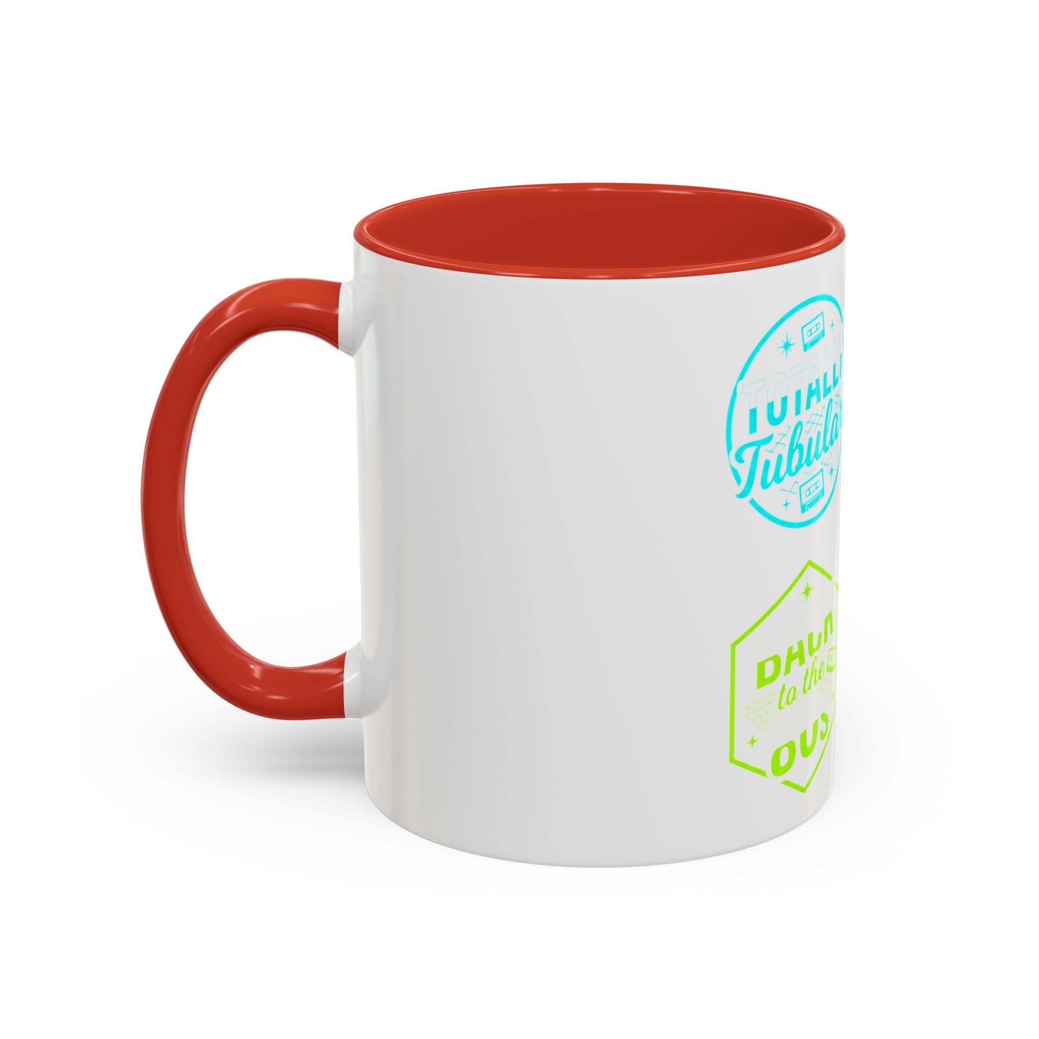 Retro Gamer Badge Accent Coffee Mug — Neon 'Totally Tubular' & 80s Gamer Icons (11/15oz)