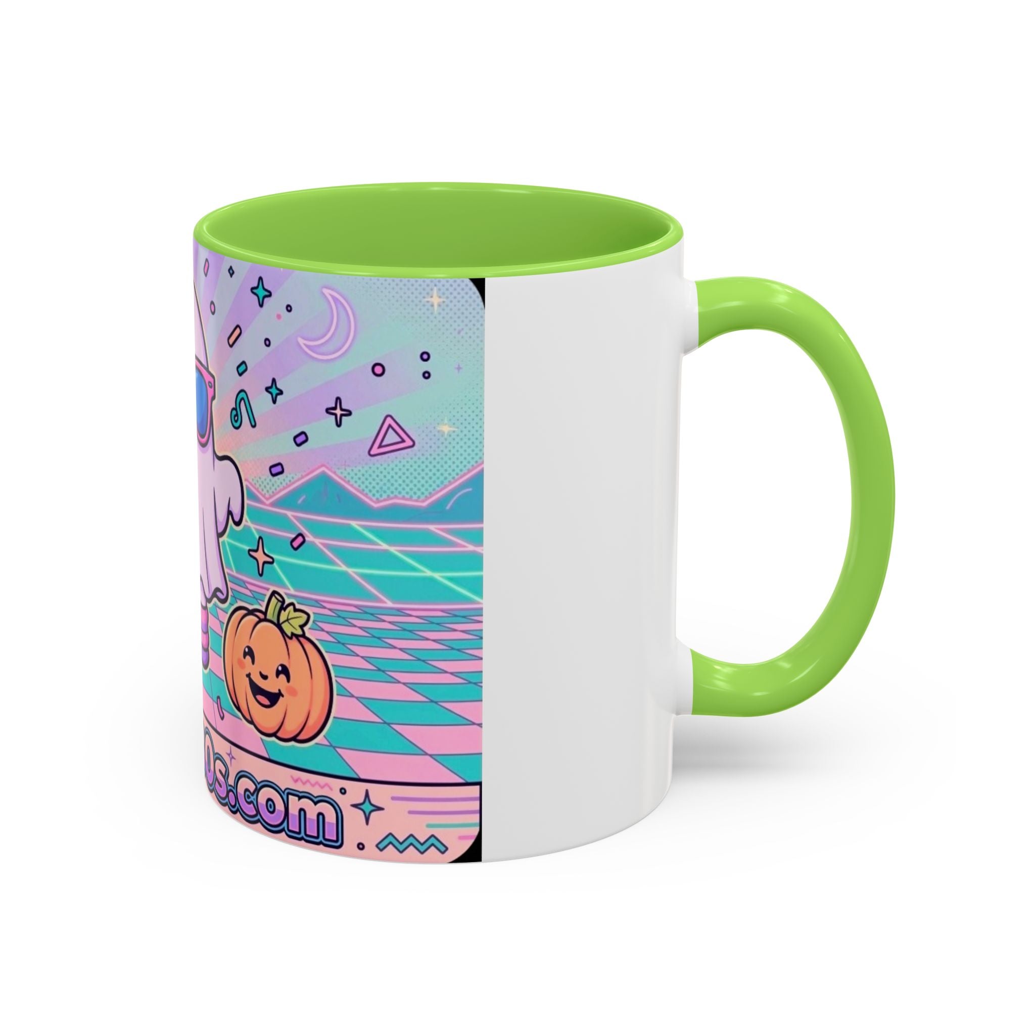 80s Vaporwave Ghost Coffee Mug — Cute Halloween Pumpkin Retro Design (11oz/15oz)