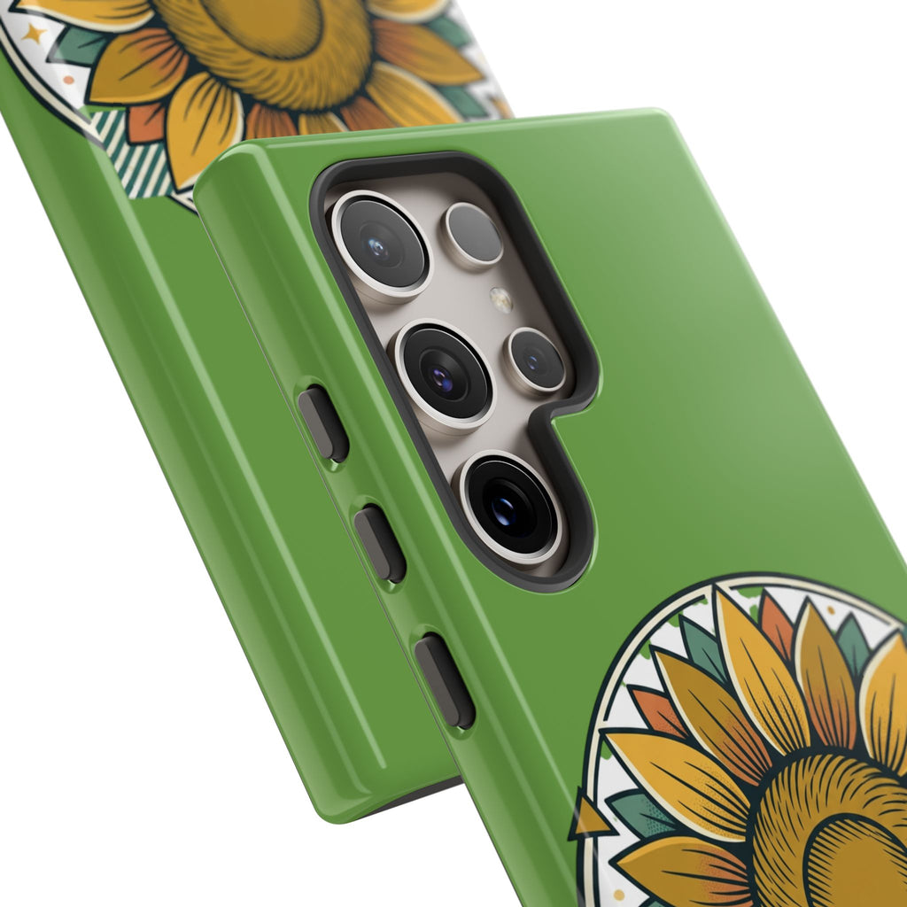Sunflower Tough Phone Case – Green Floral Protective Case with "AllAbout80s.com" Banner