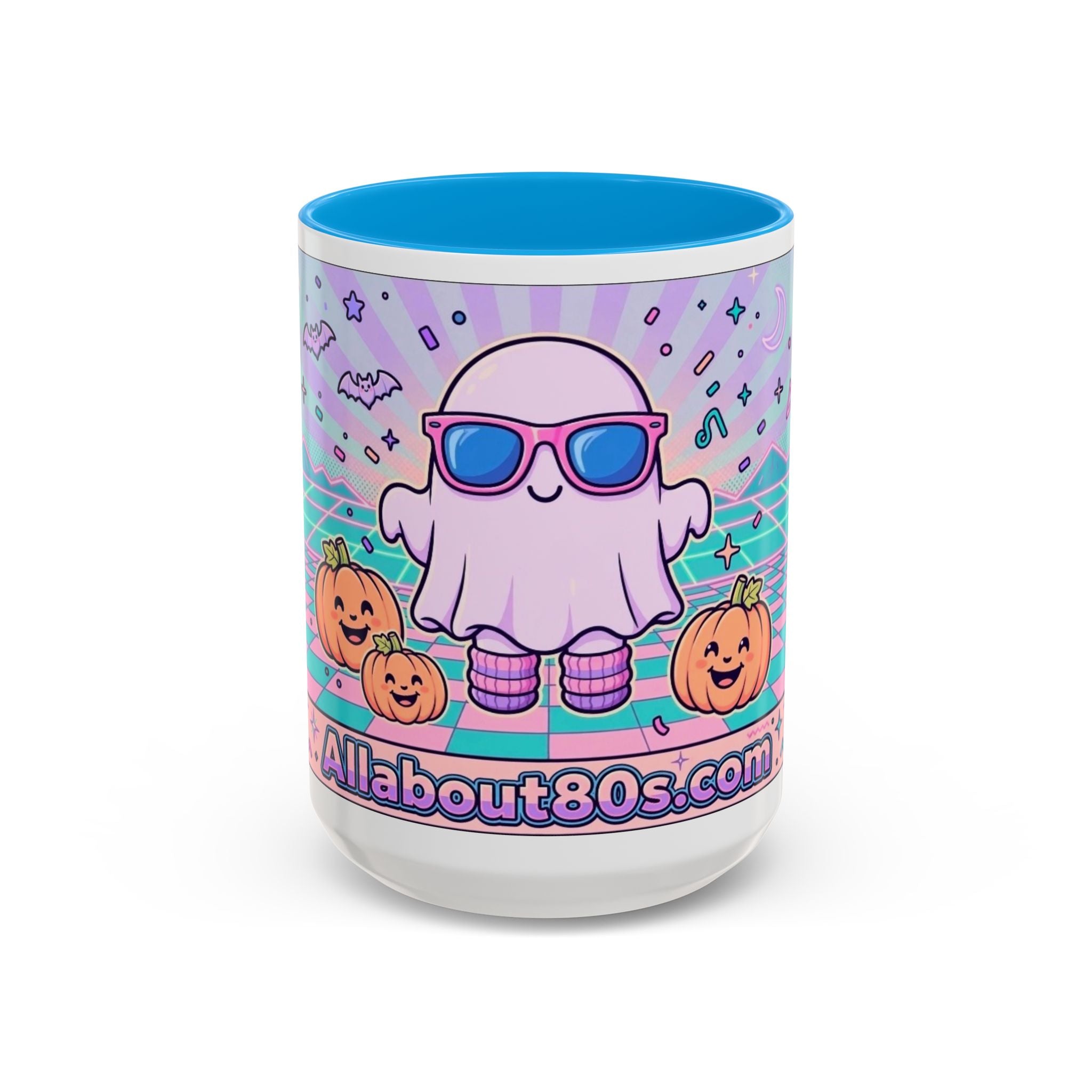 80s Vaporwave Ghost Coffee Mug — Cute Halloween Pumpkin Retro Design (11oz/15oz)