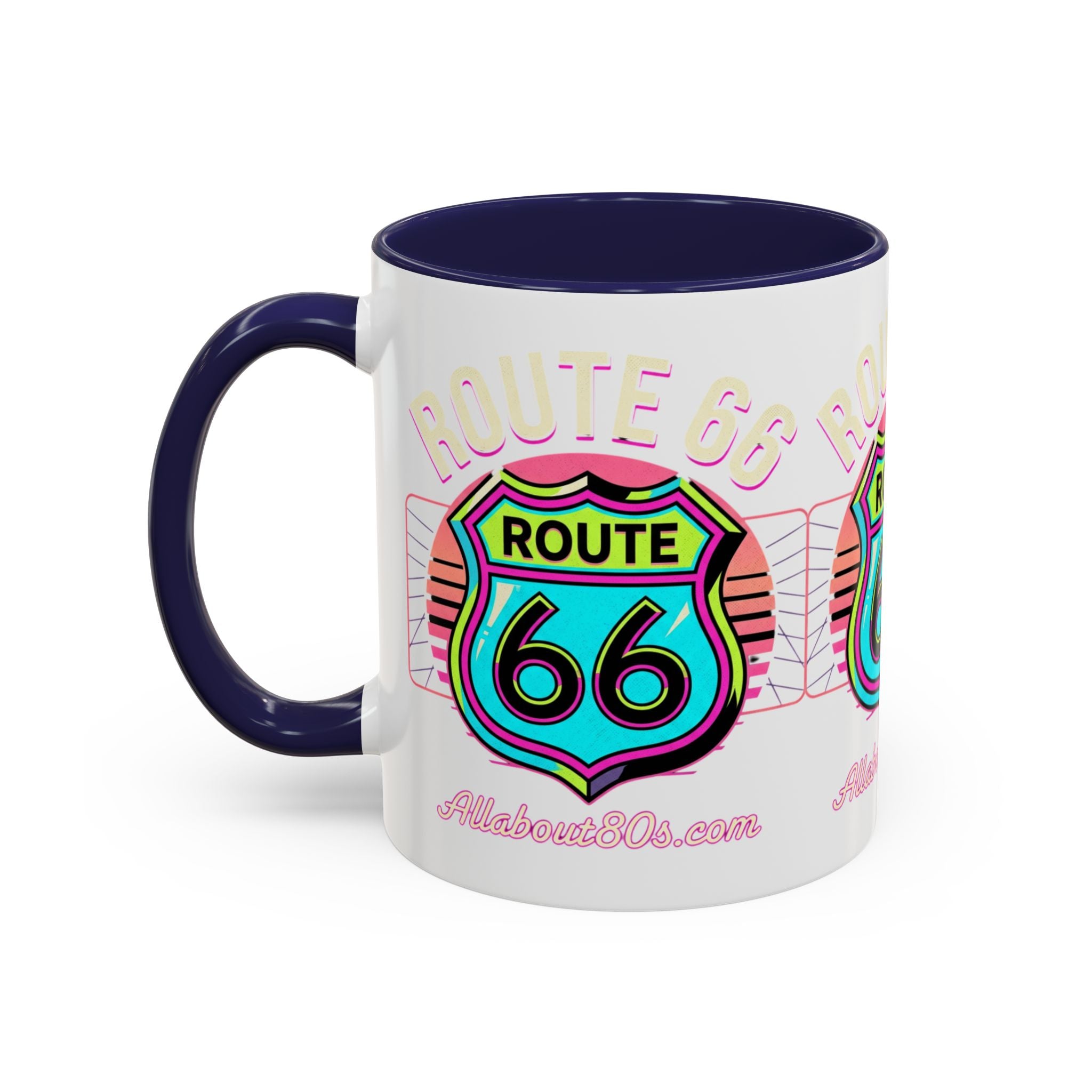 Route 66 Neon Shield Accent Coffee Mug — Retro Road Trip Travel Gift (11/15 oz)