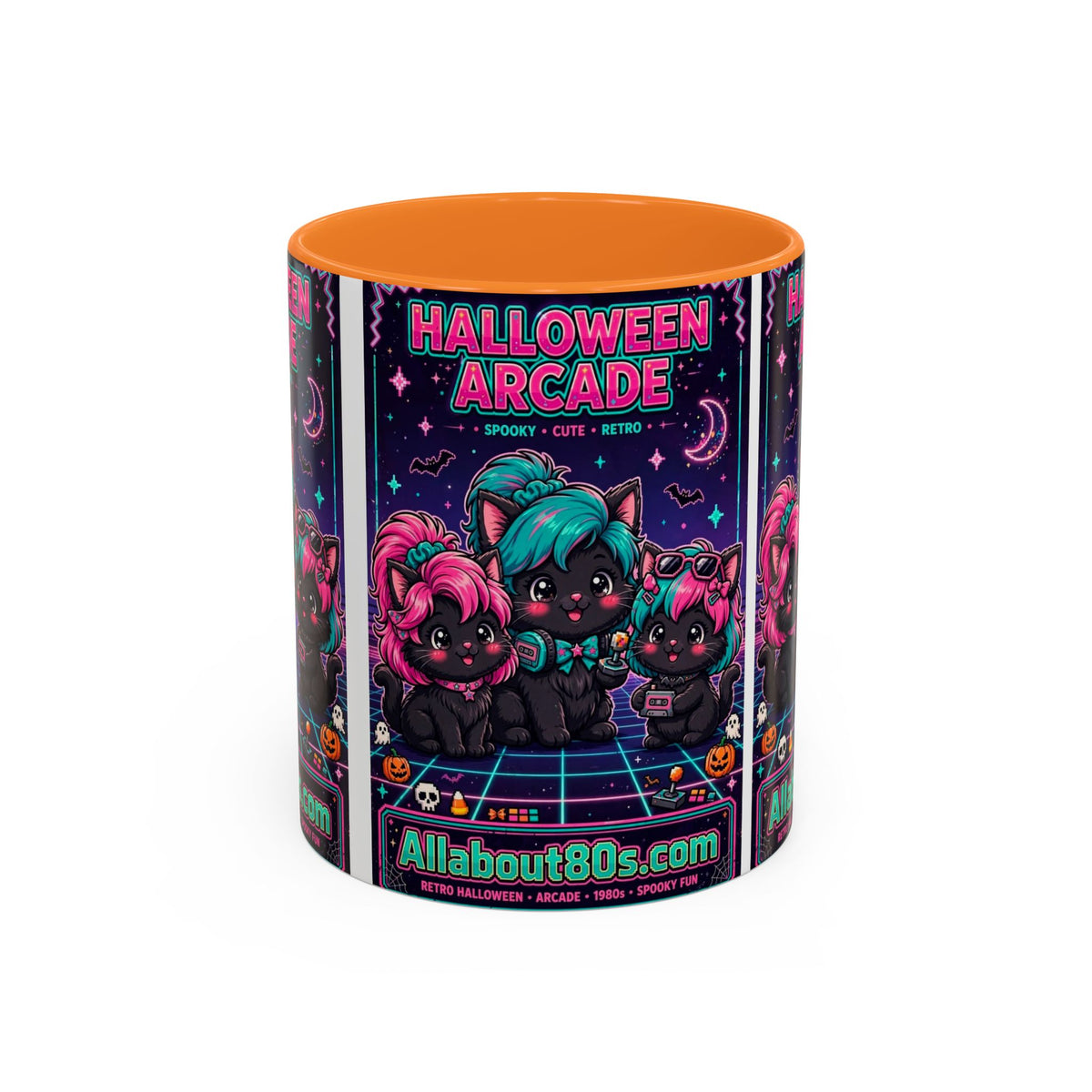 Halloween Arcade Mug — Cute Retro 80s Cat Gamers (11oz/15oz)
