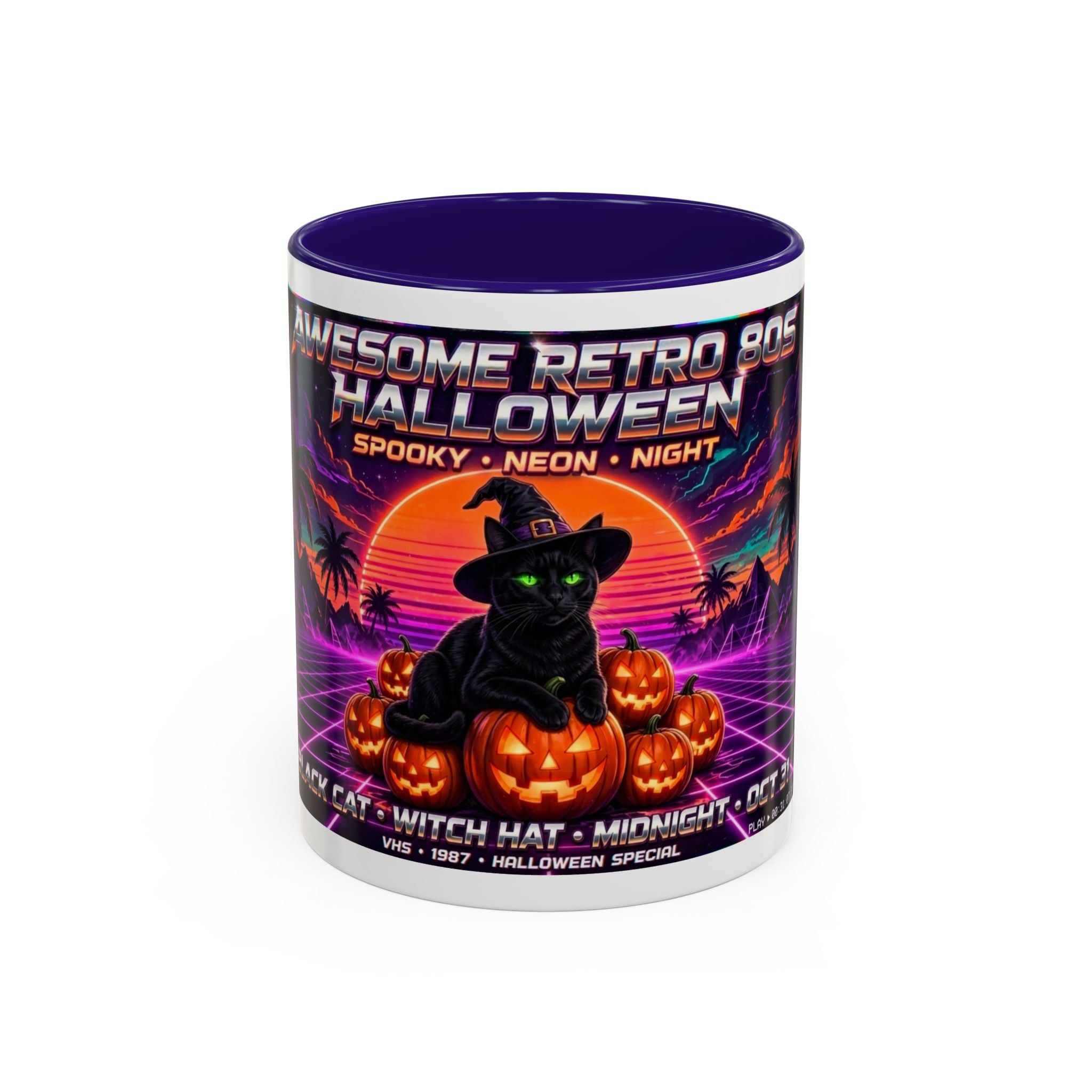 Halloween Retro Cat Mug — Neon 80s Spooky Pumpkin Coffee Cup (11oz/15oz)