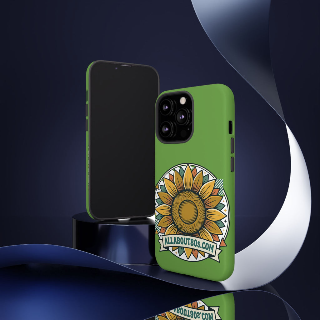 Sunflower Tough Phone Case – Green Floral Protective Case with "AllAbout80s.com" Banner
