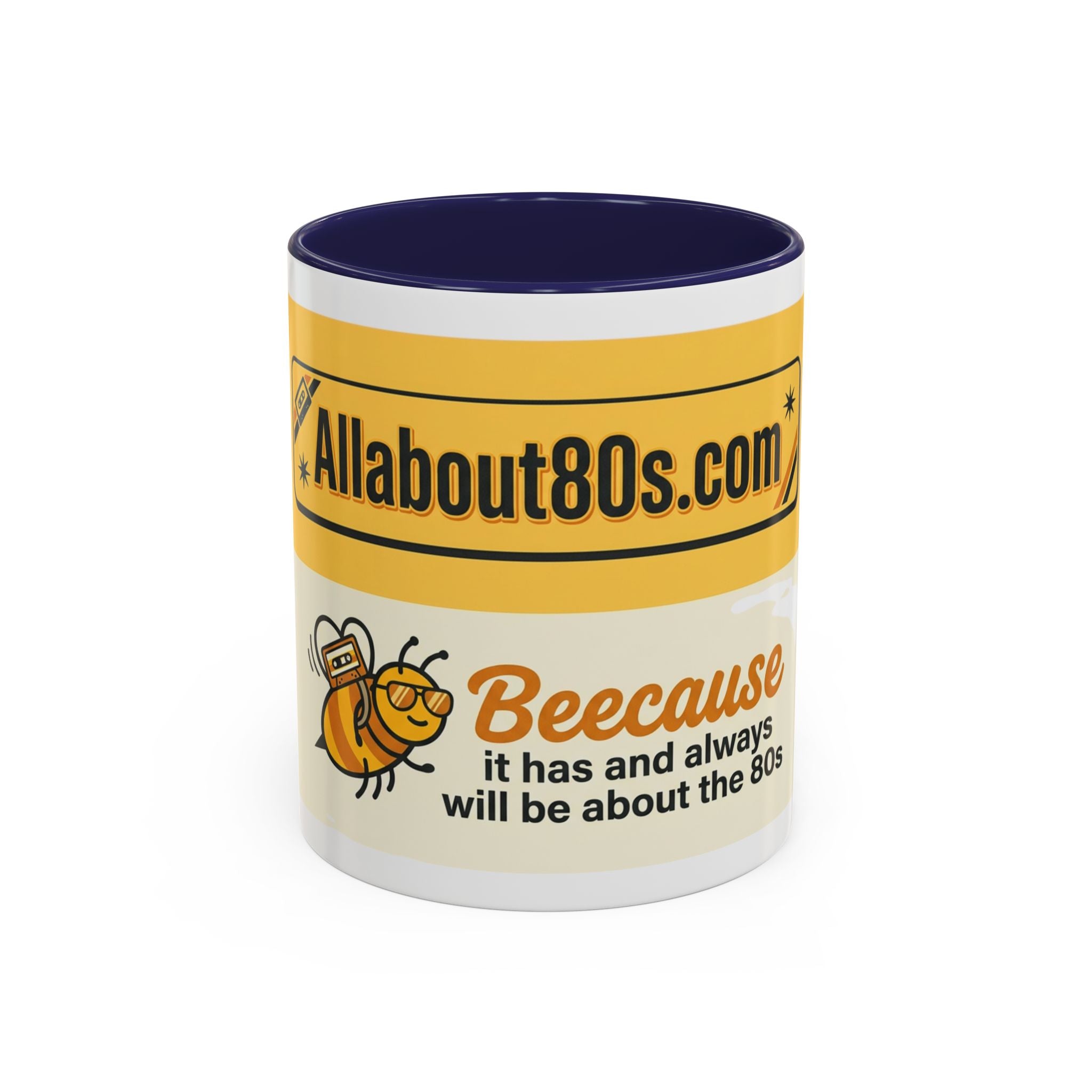 AllAbout80s 'Beecause' Accent Coffee Mug – Retro 80s Bee Design (11/15oz)