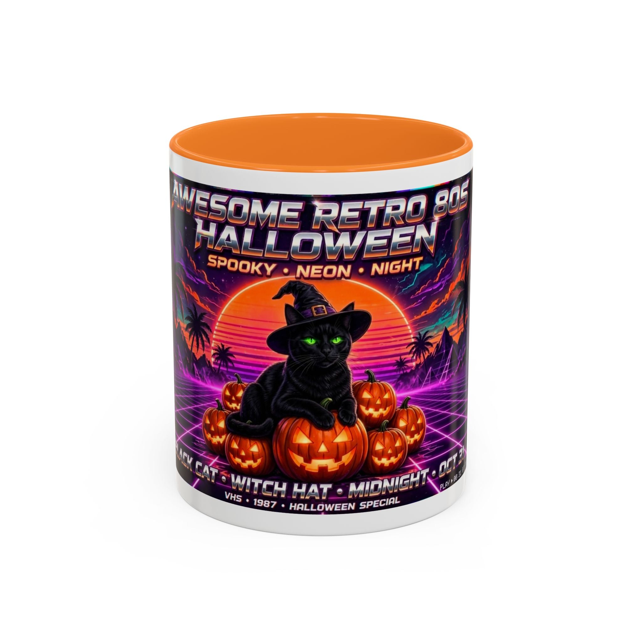 Halloween Retro Cat Mug — Neon 80s Spooky Pumpkin Coffee Cup (11oz/15oz)