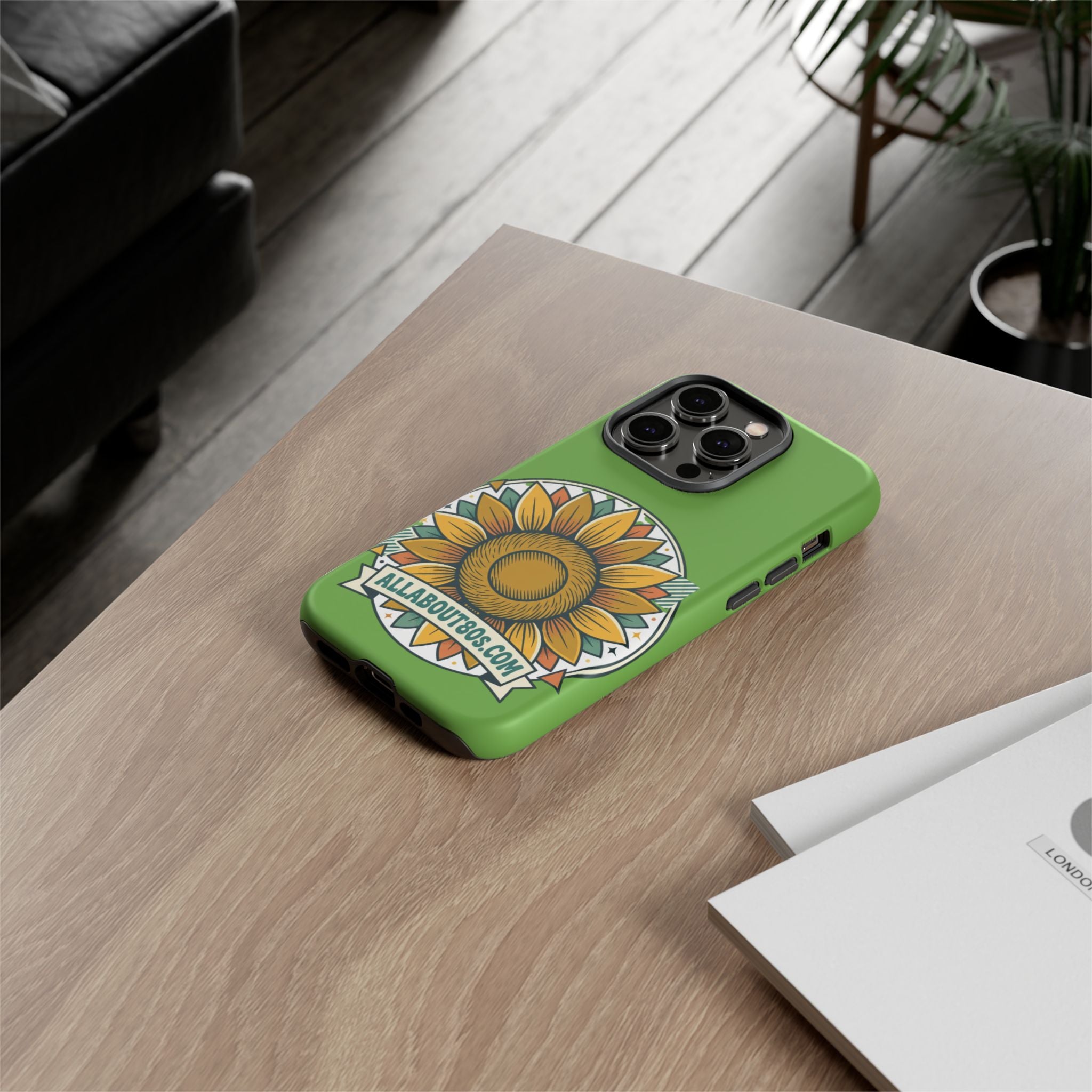 Sunflower Tough Phone Case – Green Floral Protective Case with "AllAbout80s.com" Banner