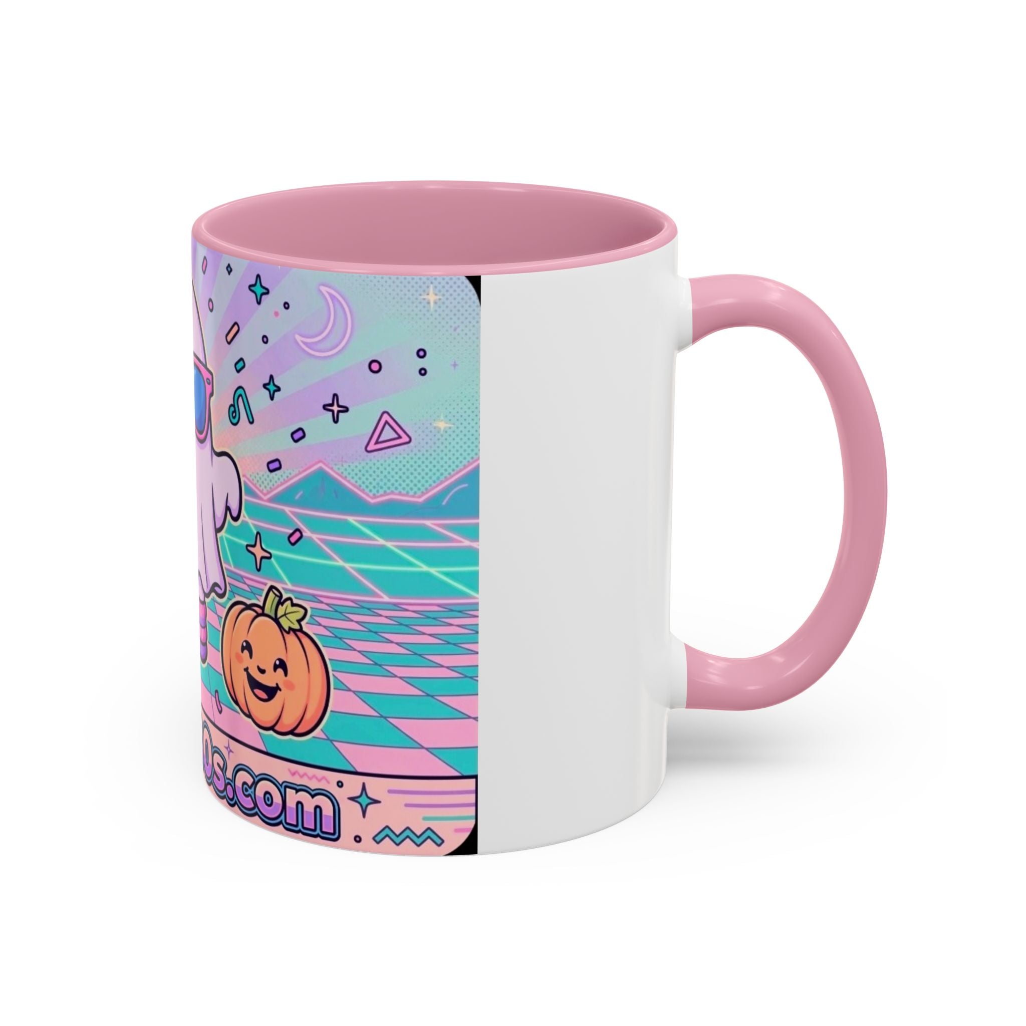 80s Vaporwave Ghost Coffee Mug — Cute Halloween Pumpkin Retro Design (11oz/15oz)