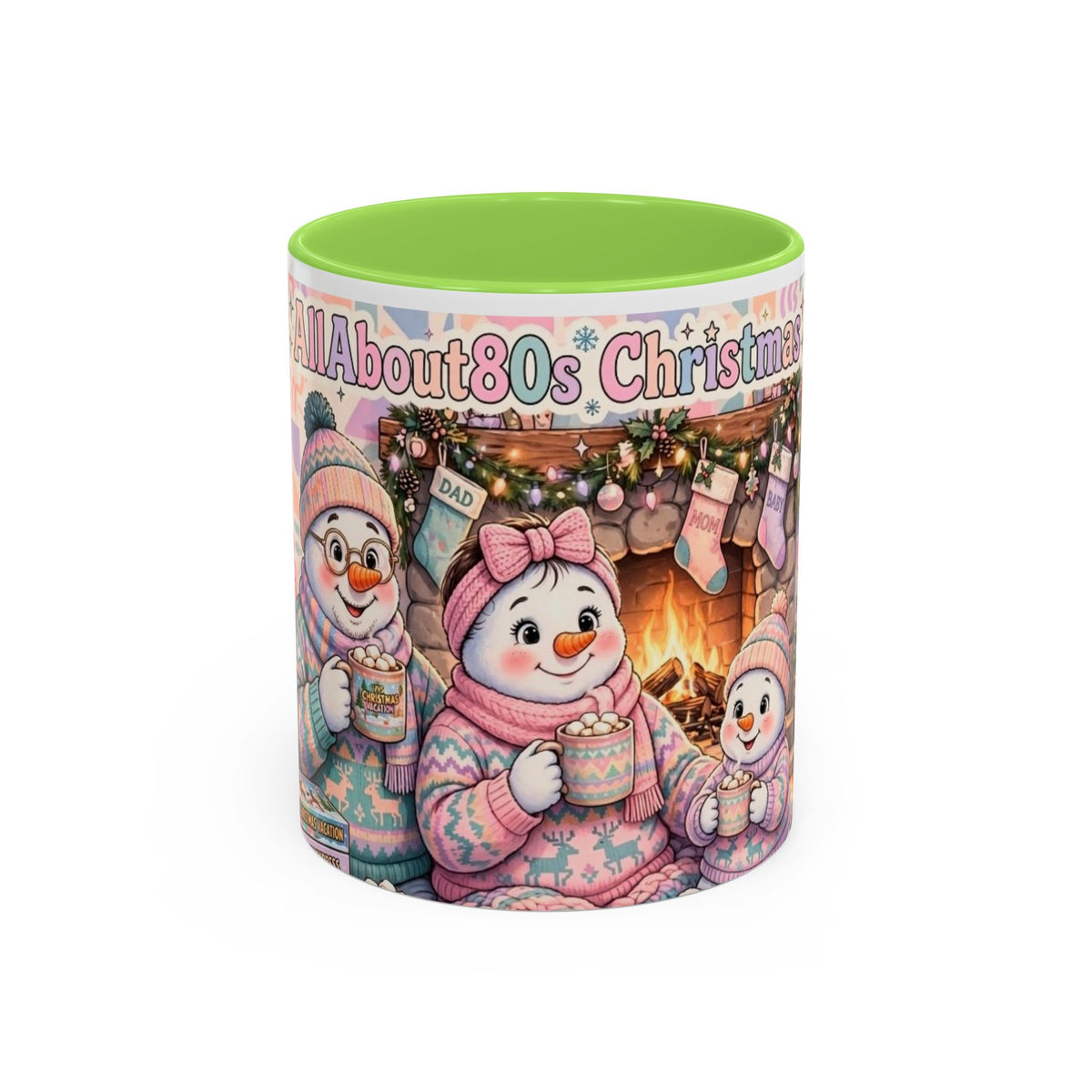 Cute Snowman Christmas Mug — 'All About 80s Christmas' Colorful Holiday Coffee Cup (11oz/15oz)