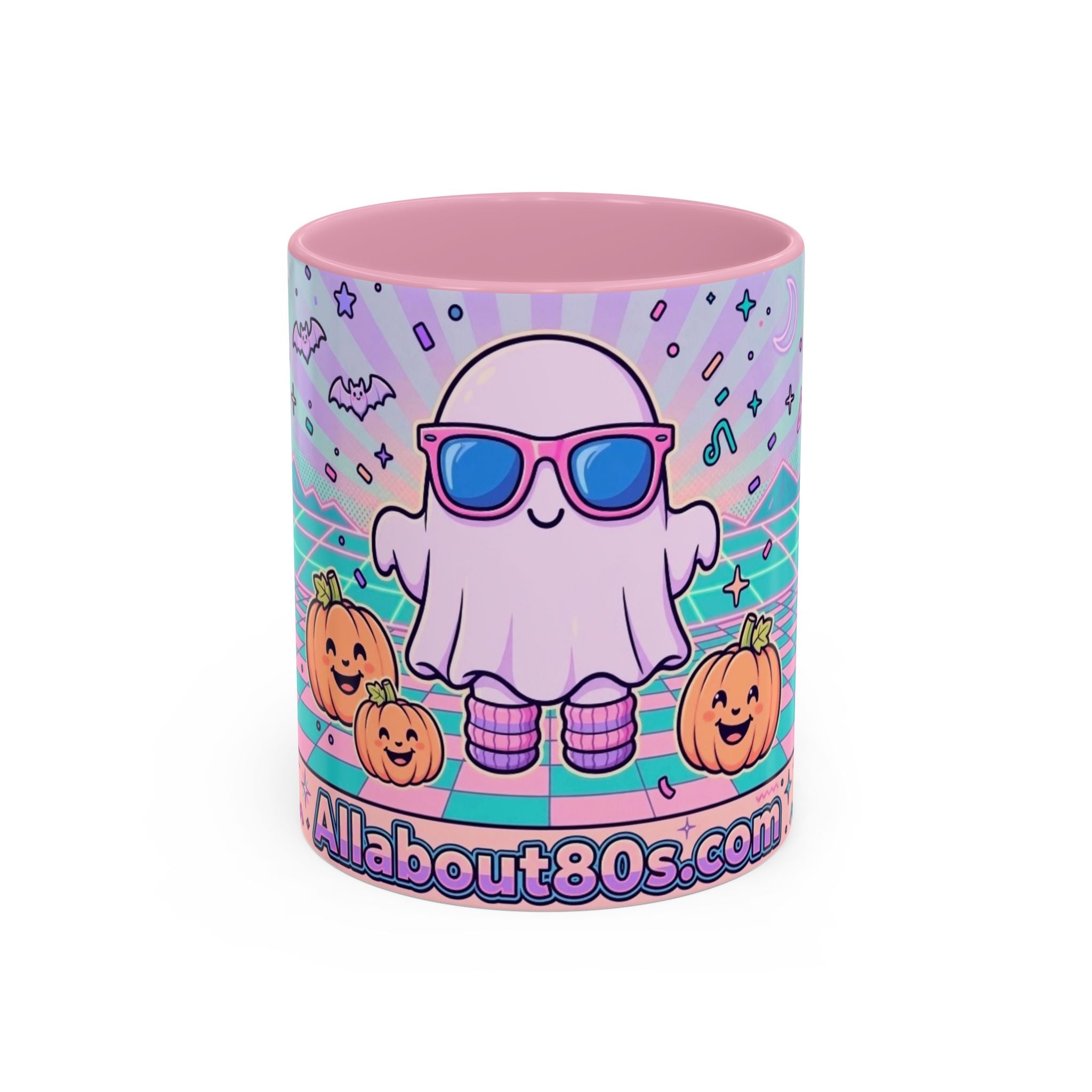 80s Vaporwave Ghost Coffee Mug — Cute Halloween Pumpkin Retro Design (11oz/15oz)