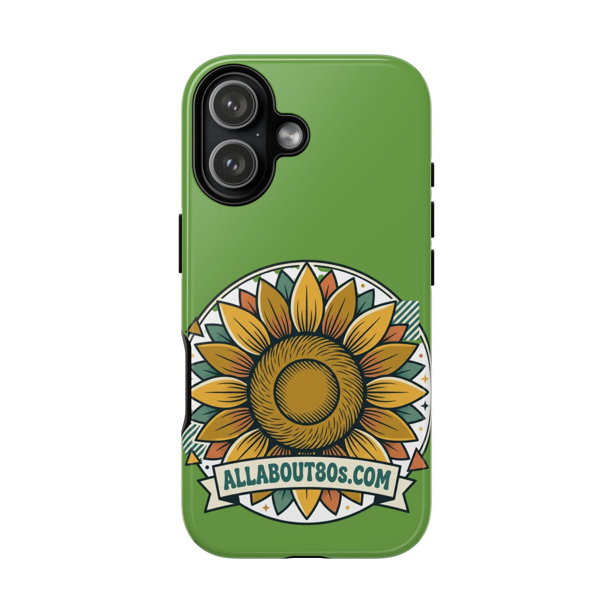 Sunflower Tough Phone Case – Green Floral Protective Case with "AllAbout80s.com" Banner