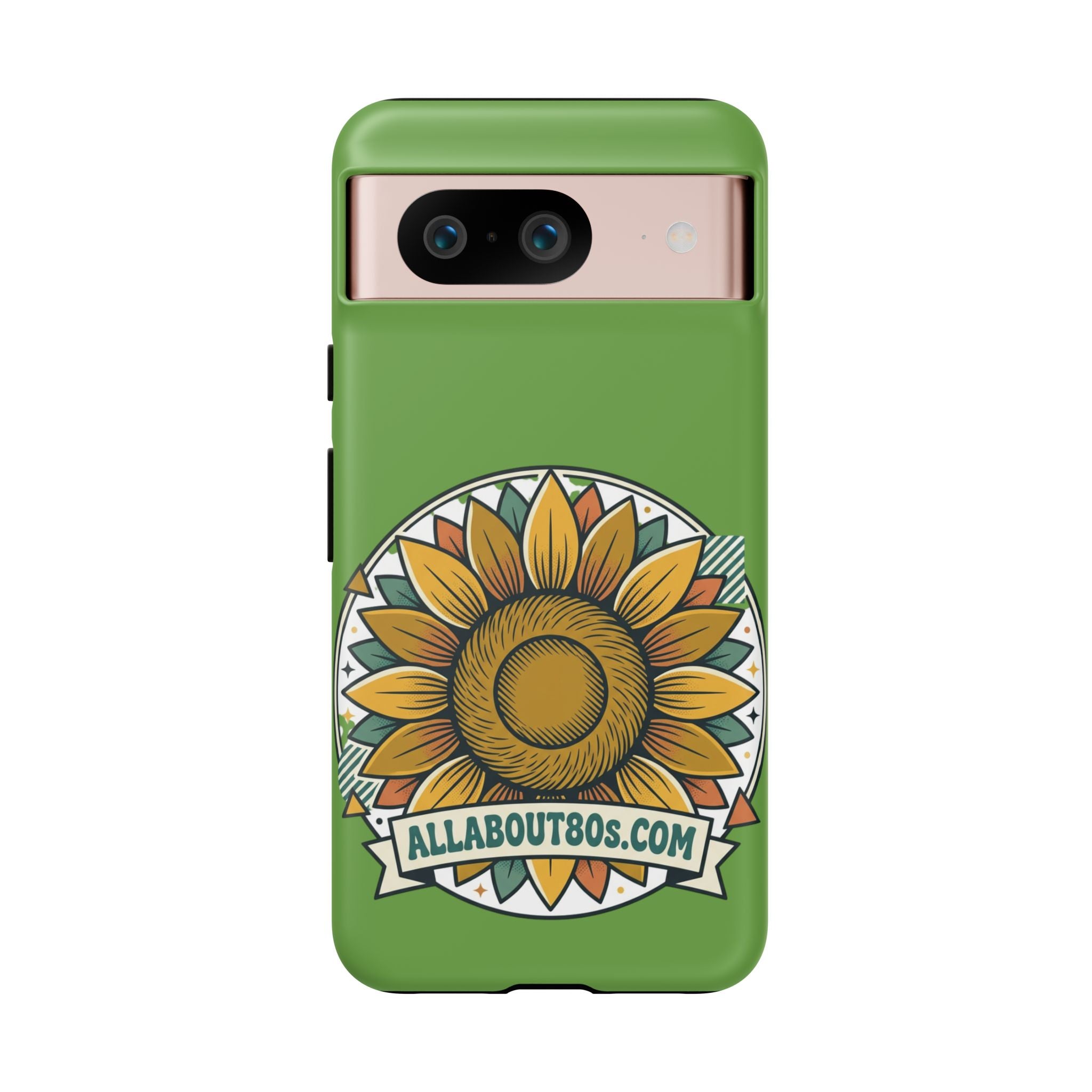 Sunflower Tough Phone Case – Green Floral Protective Case with "AllAbout80s.com" Banner