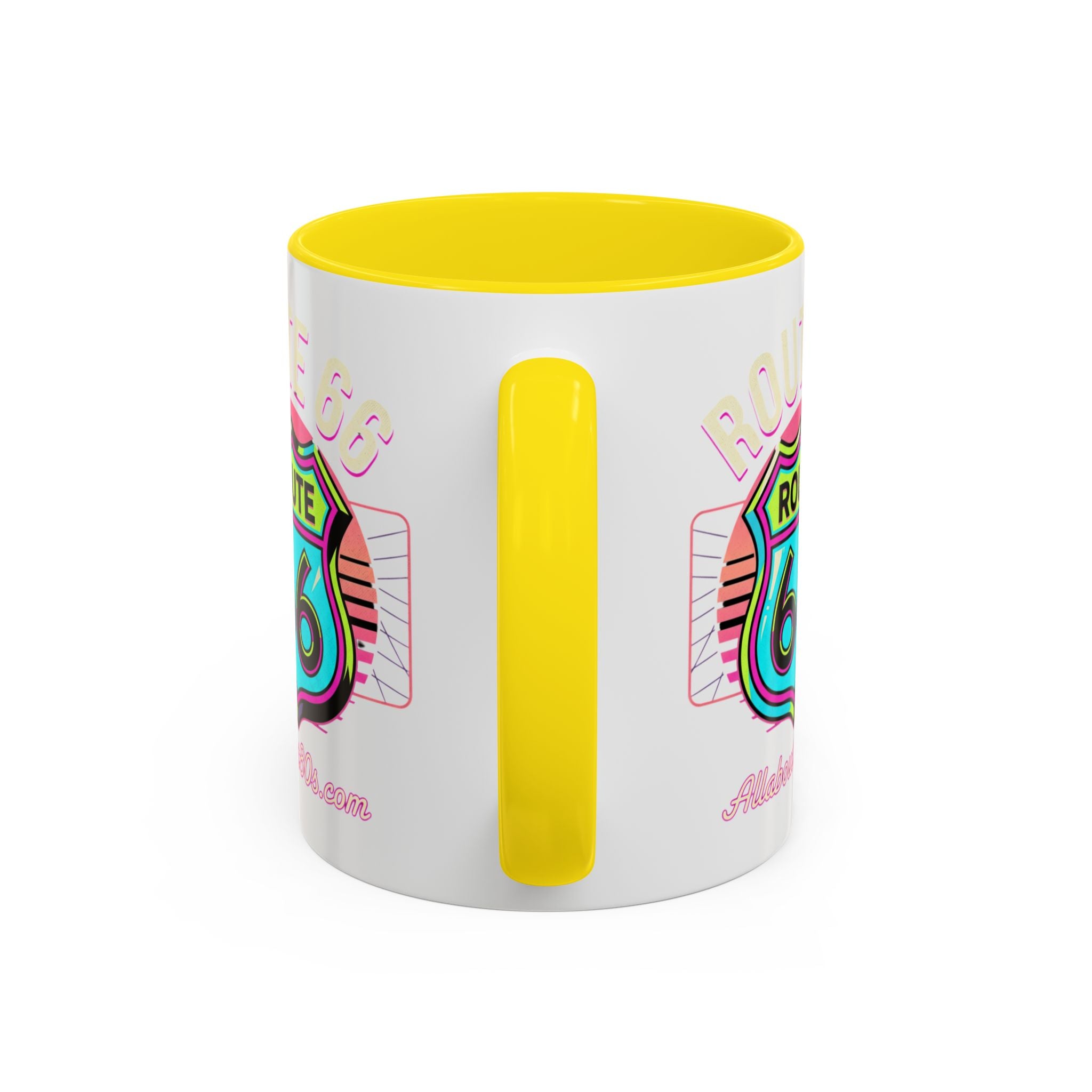 Route 66 Neon Shield Accent Coffee Mug — Retro Road Trip Travel Gift (11/15 oz)