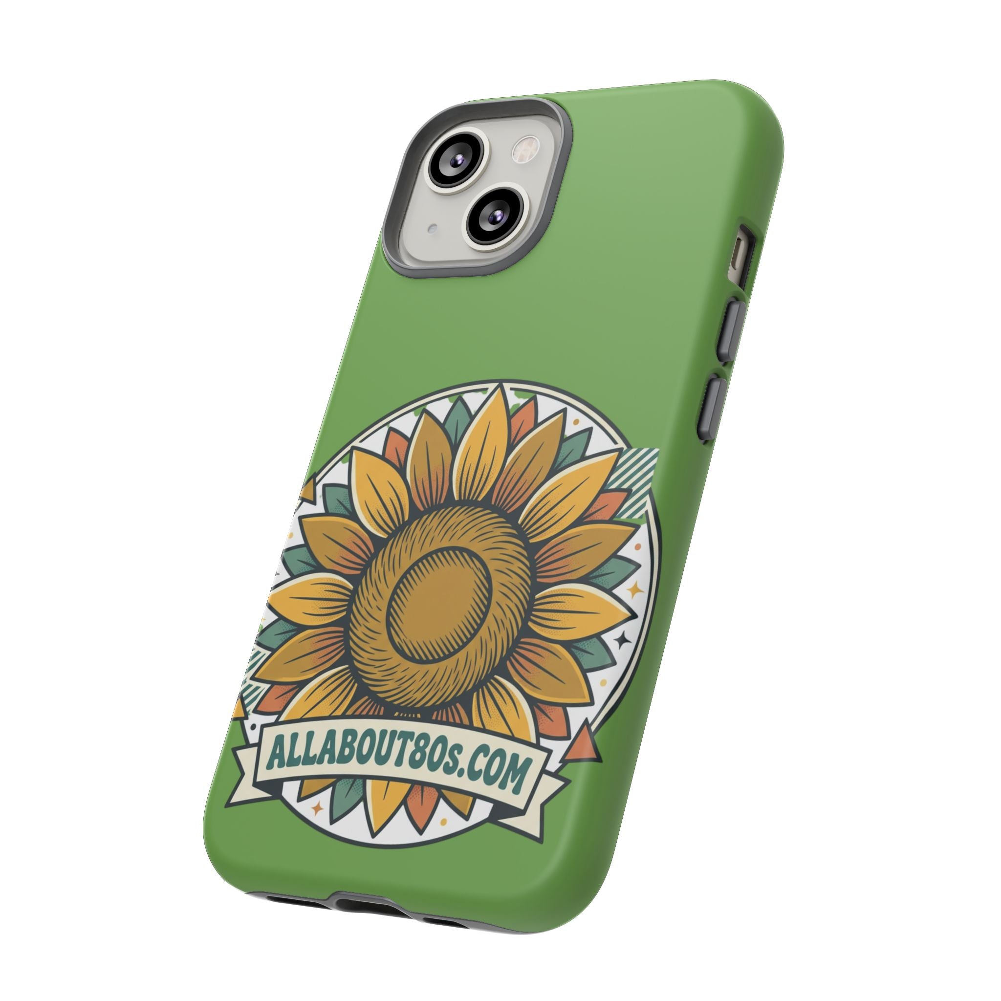 Sunflower Tough Phone Case – Green Floral Protective Case with "AllAbout80s.com" Banner