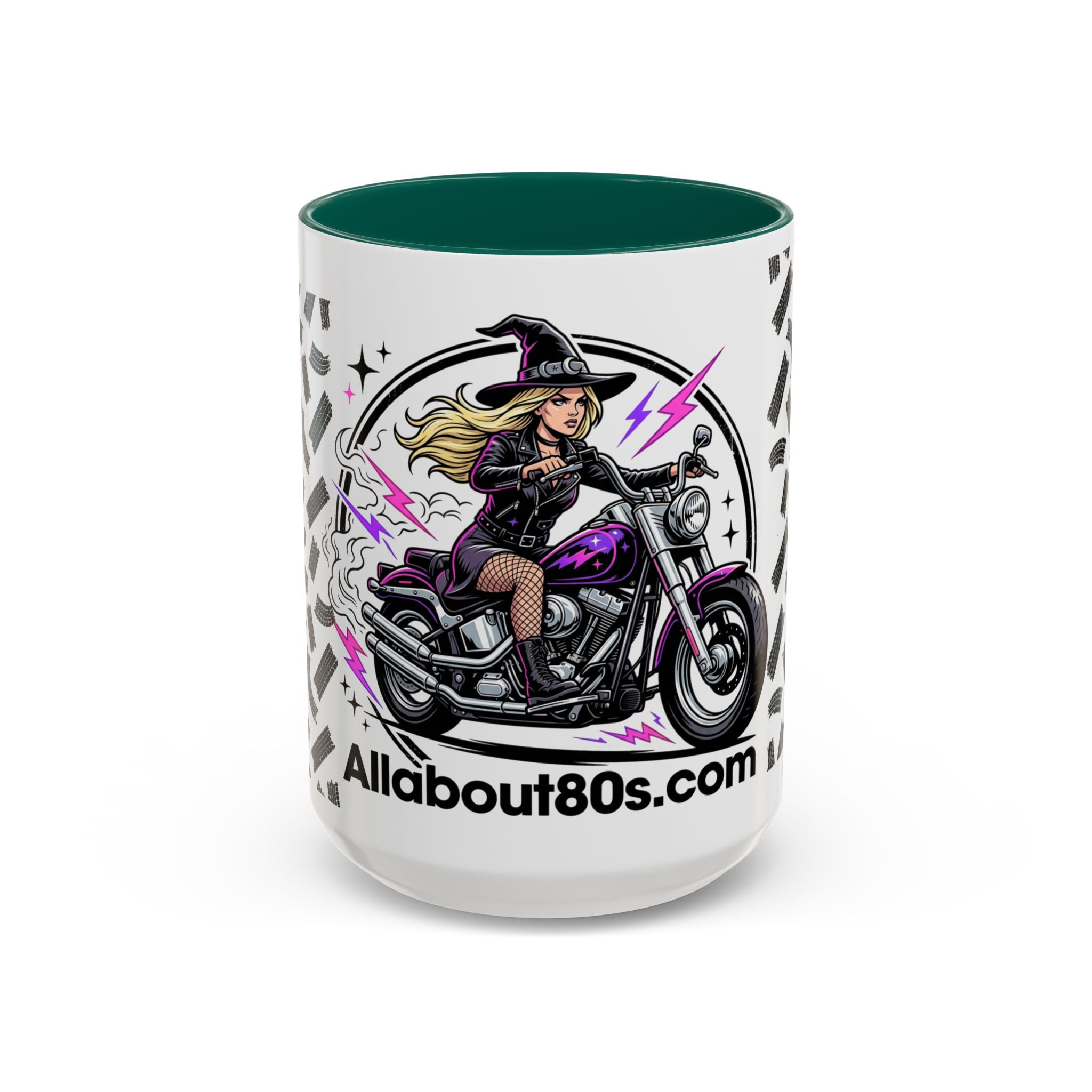 Witch Biker Motorcycle Mug — Retro 80s Neon Witch on Bike Coffee Cup (11oz/15oz)