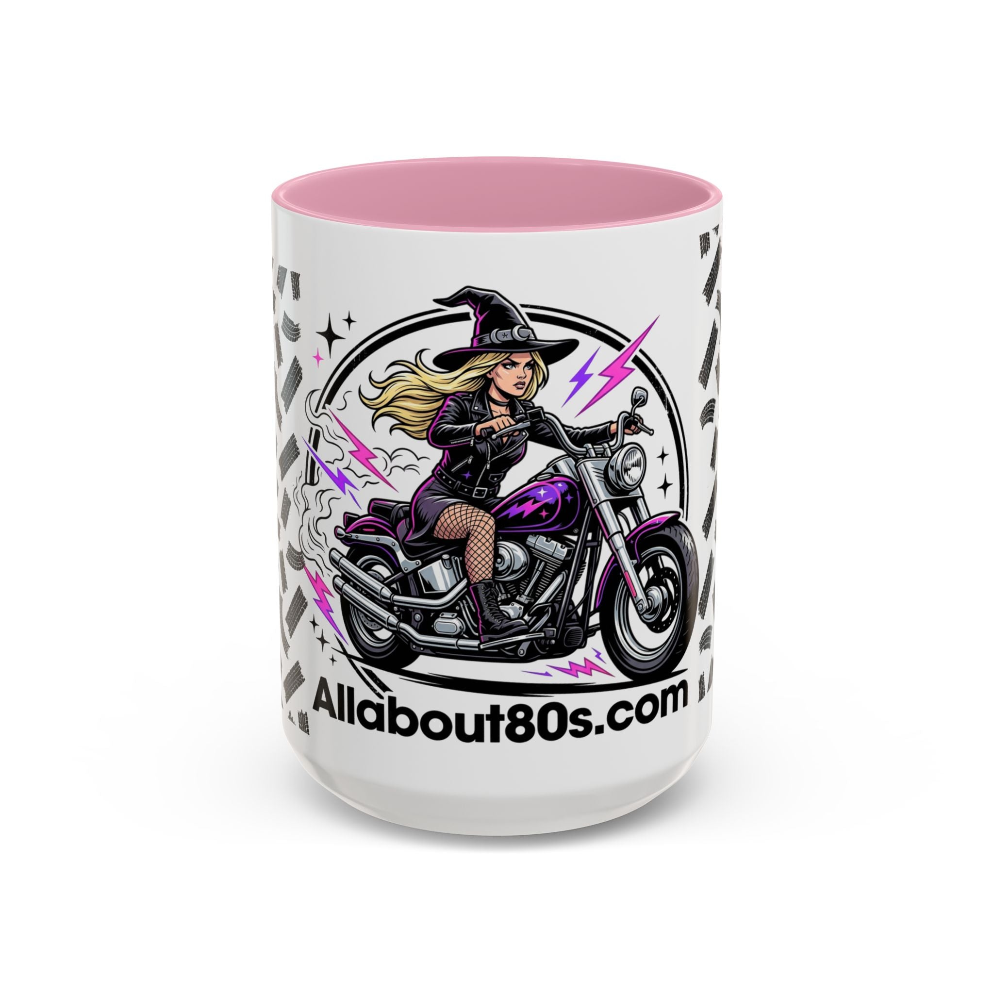 Witch Biker Motorcycle Mug — Retro 80s Neon Witch on Bike Coffee Cup (11oz/15oz)