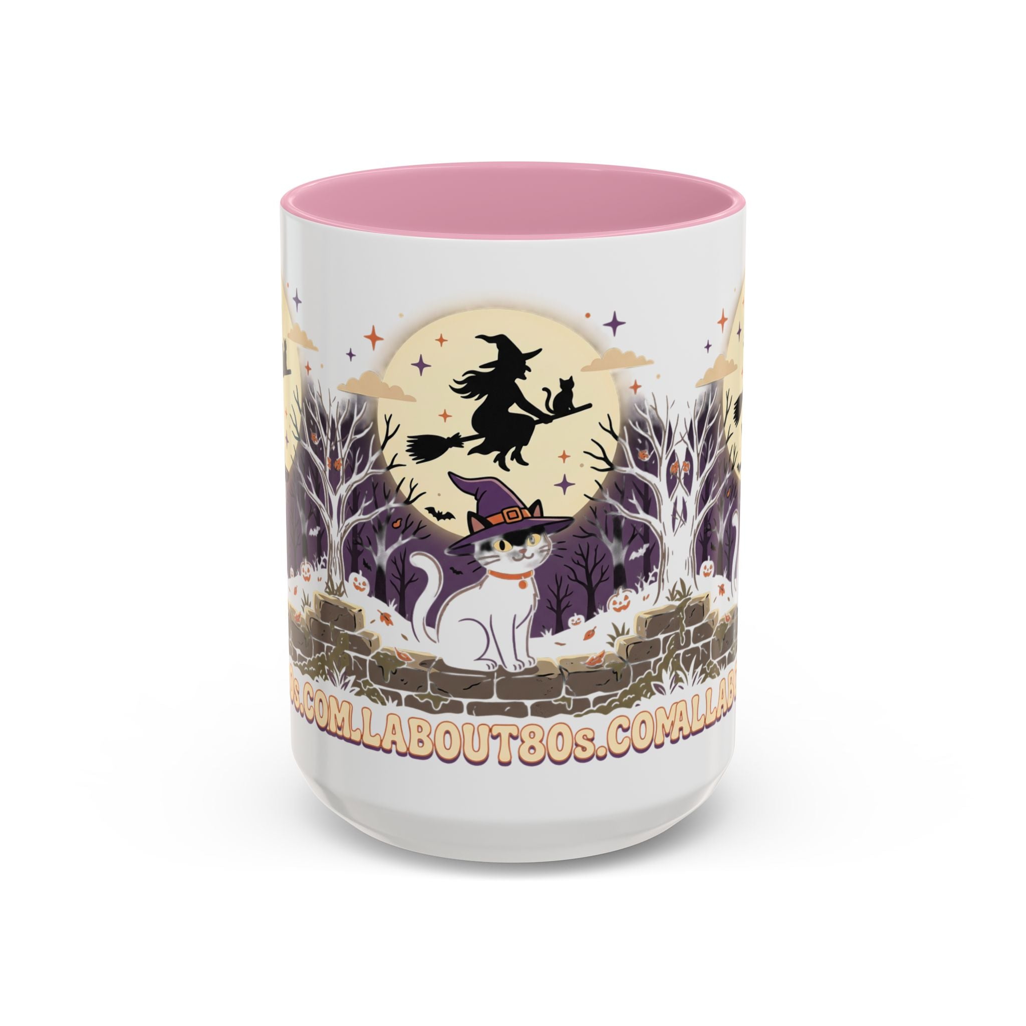 Halloween Cat Witch Mug – Cute Witch Hat Cat with Flying Witch Silhouette (11oz/15oz)