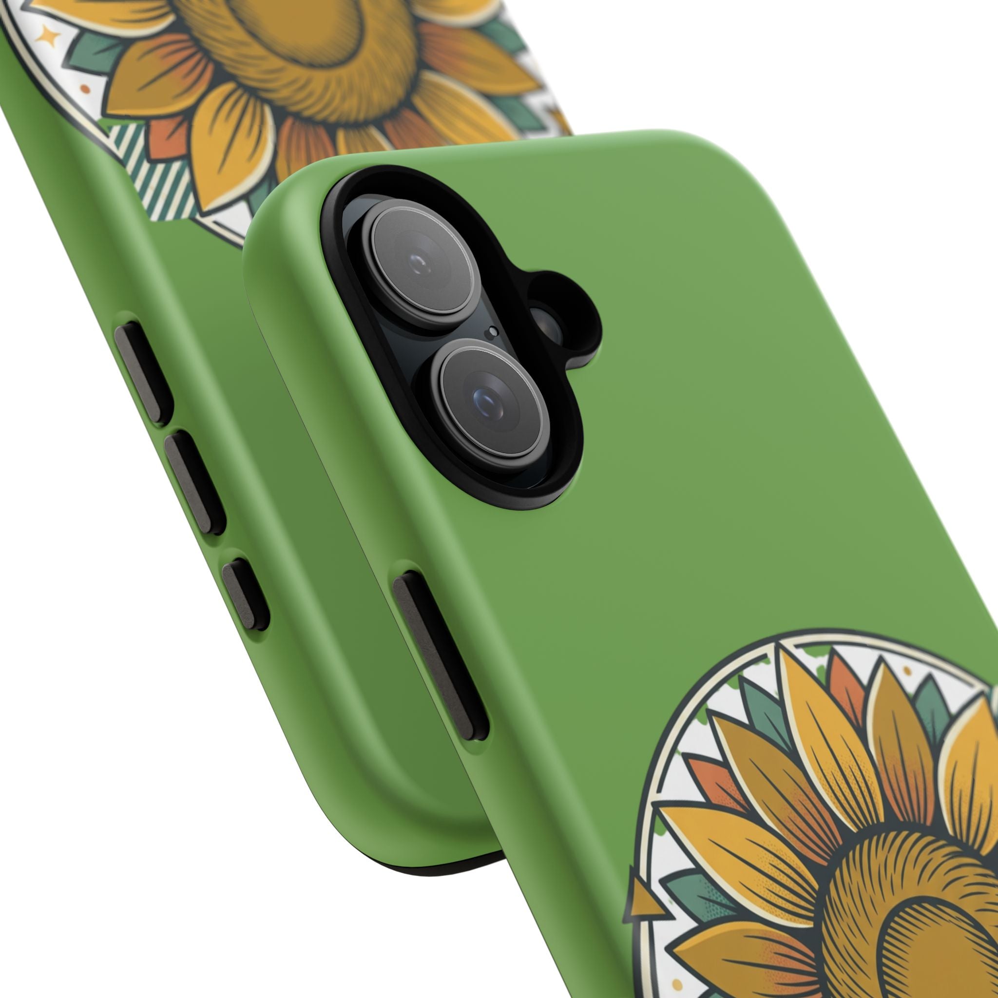 Sunflower Tough Phone Case – Green Floral Protective Case with "AllAbout80s.com" Banner