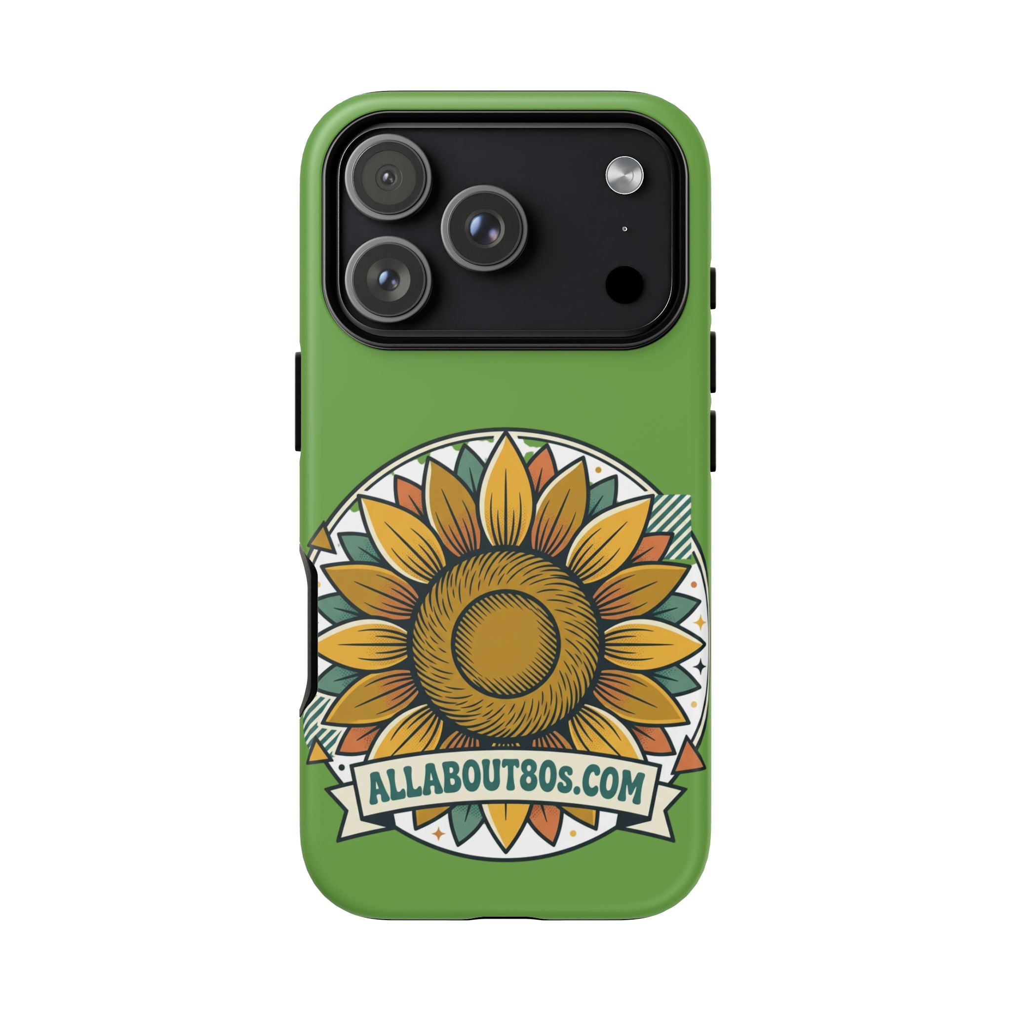 Sunflower Tough Phone Case – Green Floral Protective Case with "AllAbout80s.com" Banner