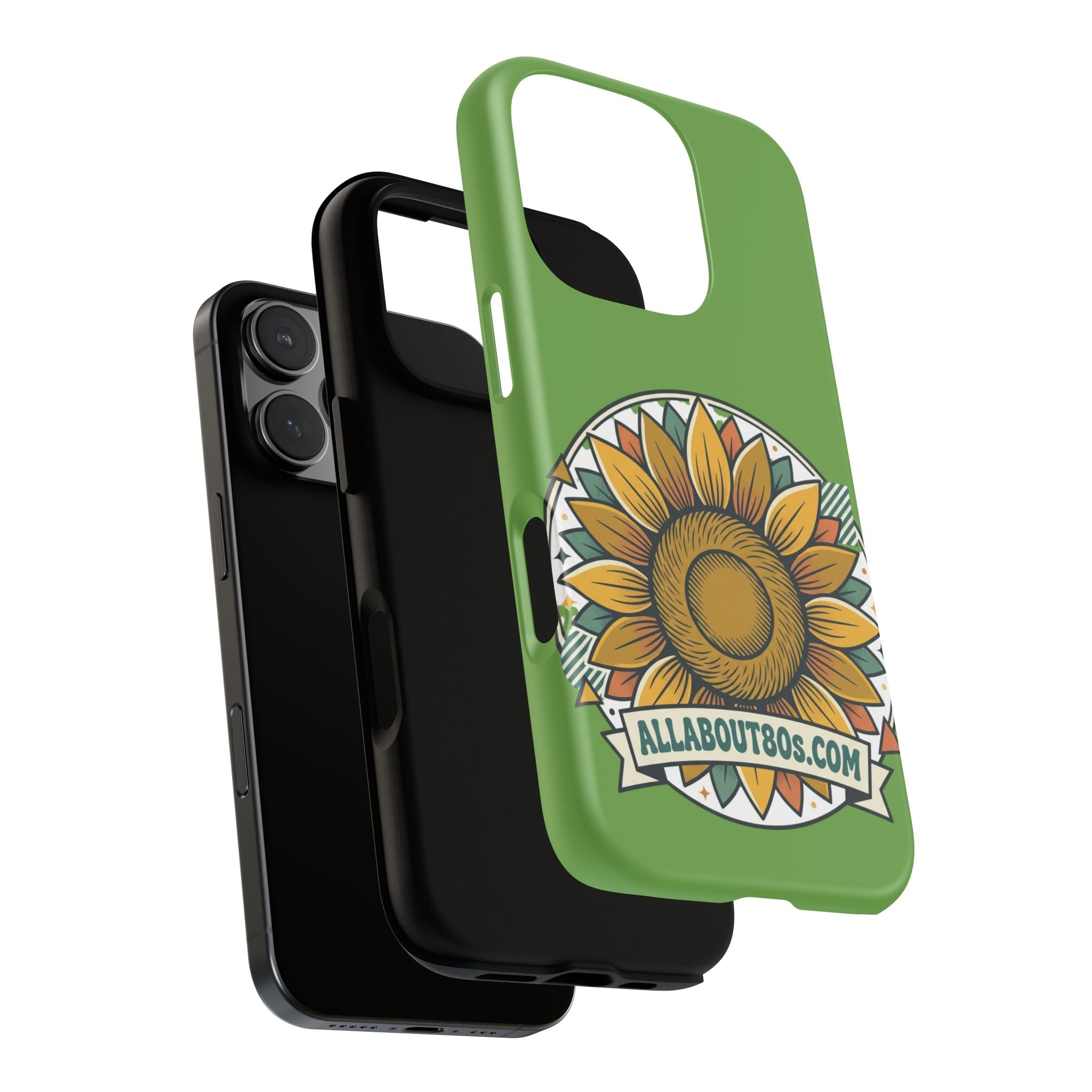 Sunflower Tough Phone Case – Green Floral Protective Case with "AllAbout80s.com" Banner