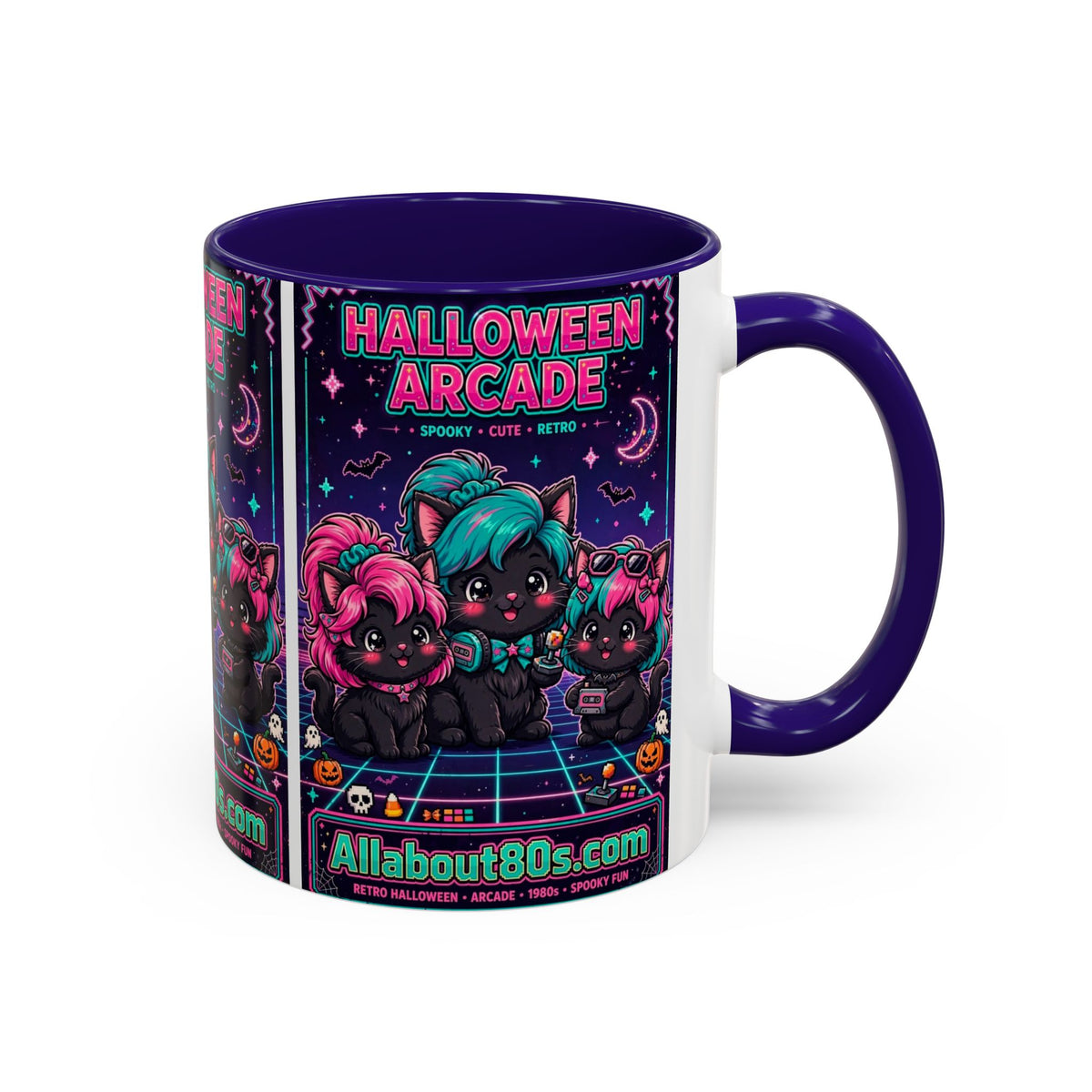Halloween Arcade Mug — Cute Retro 80s Cat Gamers (11oz/15oz)