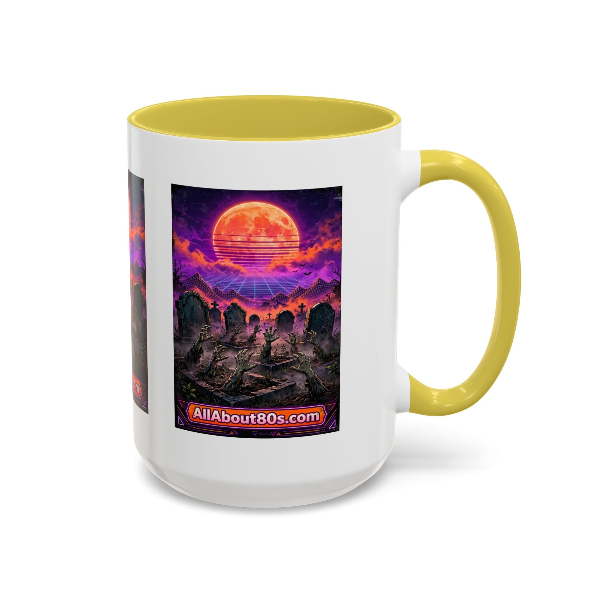 80s Retro Graveyard Sunset Mug — Vaporwave Neon Coffins Coffee Cup (11oz/15oz)