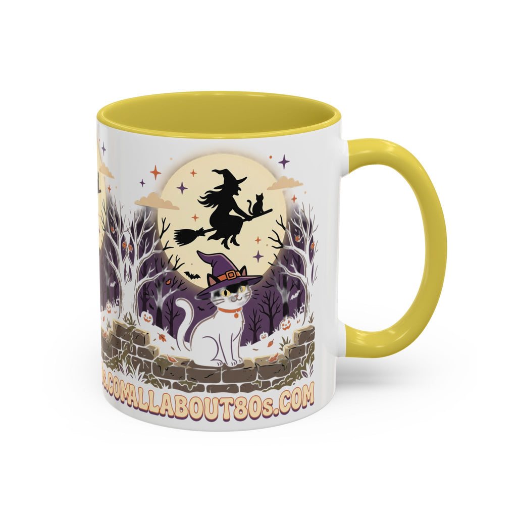 Halloween Cat Witch Mug – Cute Witch Hat Cat with Flying Witch Silhouette (11oz/15oz)