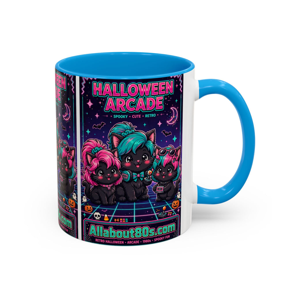 Halloween Arcade Mug — Cute Retro 80s Cat Gamers (11oz/15oz)