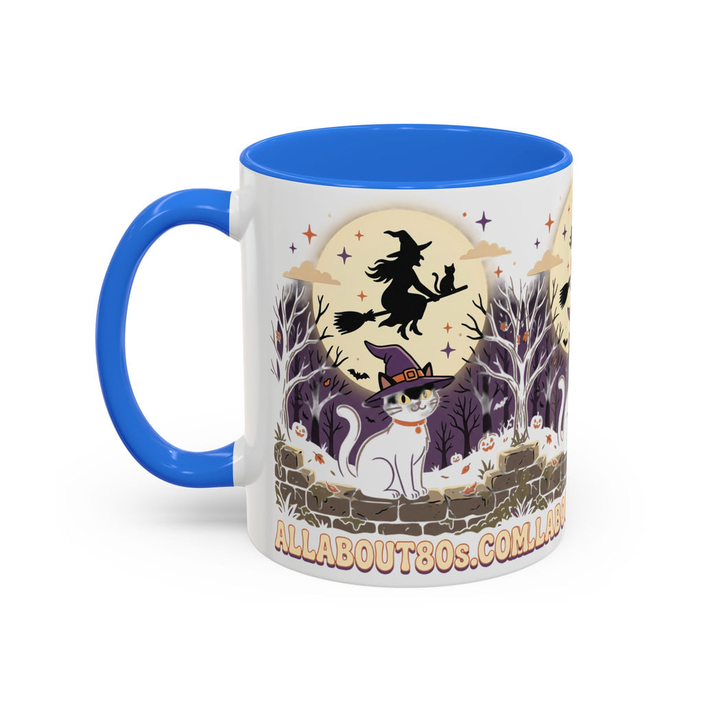 Halloween Cat Witch Mug – Cute Witch Hat Cat with Flying Witch Silhouette (11oz/15oz)