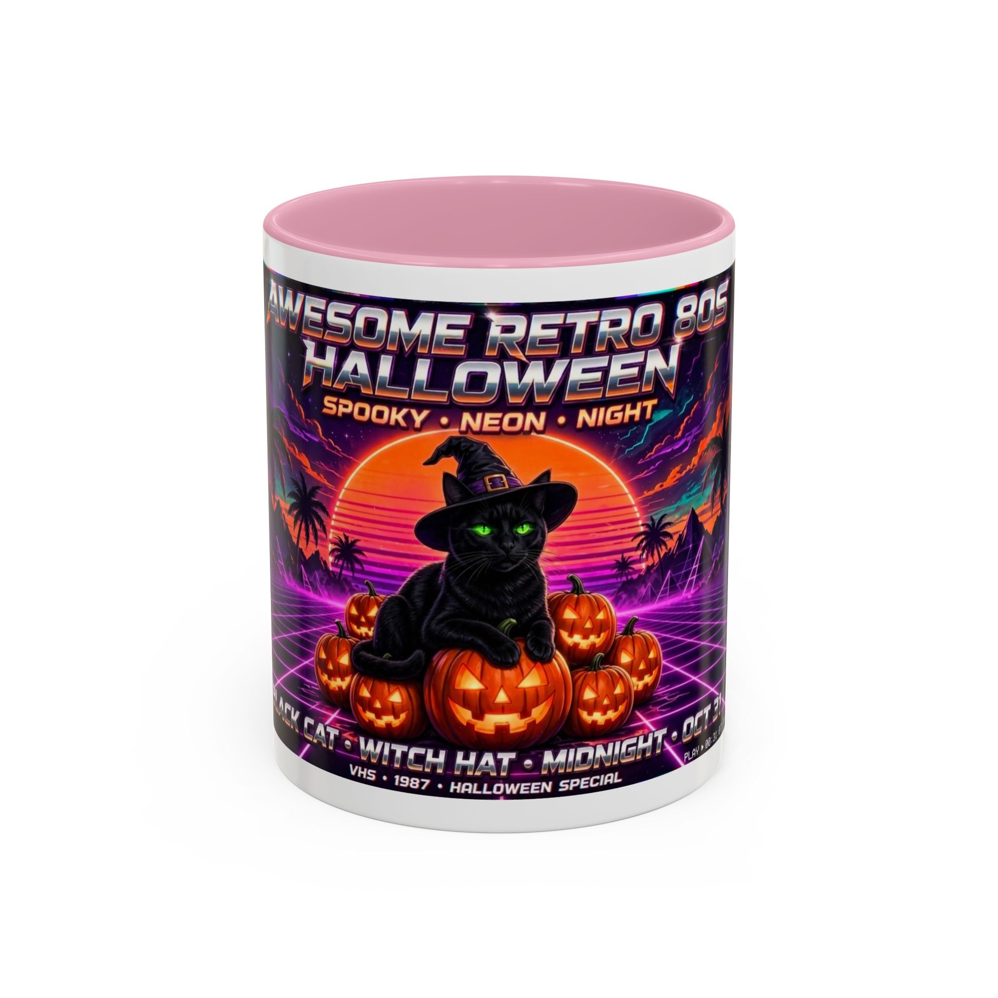 Halloween Retro Cat Mug — Neon 80s Spooky Pumpkin Coffee Cup (11oz/15oz)