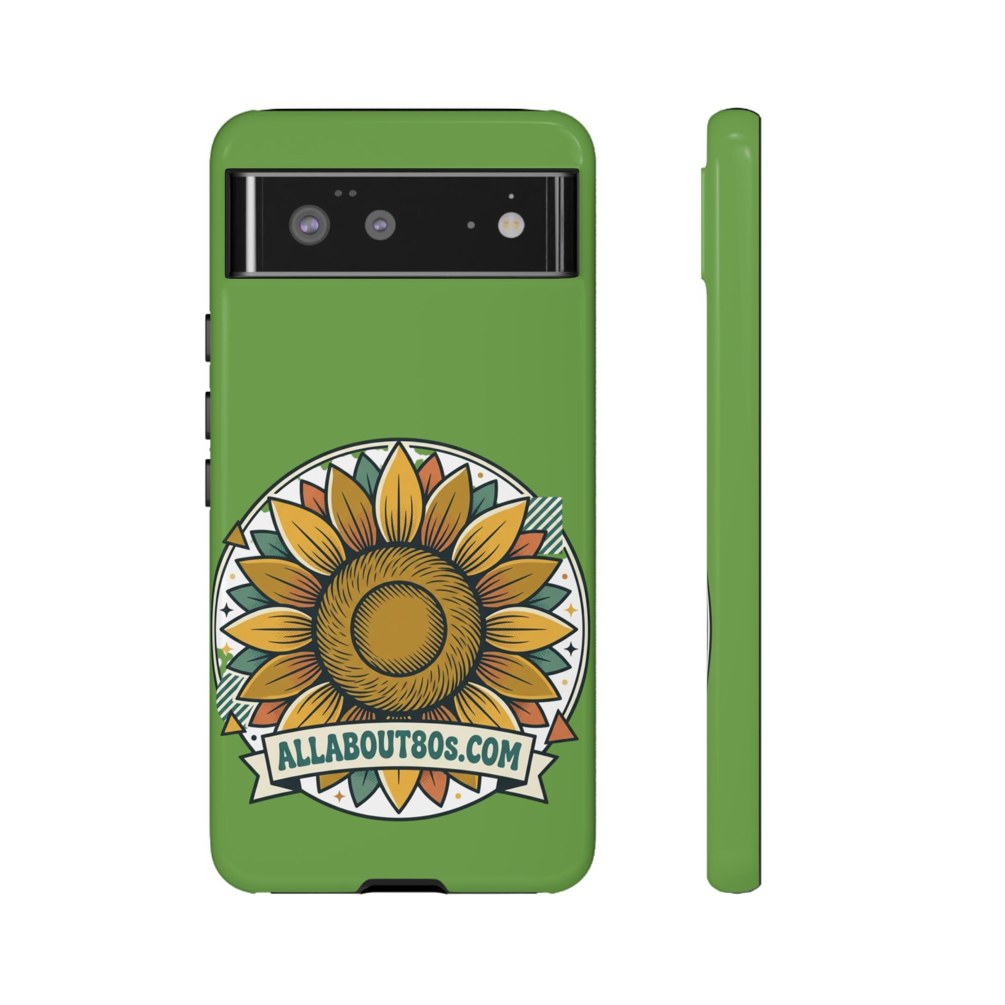Sunflower Tough Phone Case – Green Floral Protective Case with "AllAbout80s.com" Banner