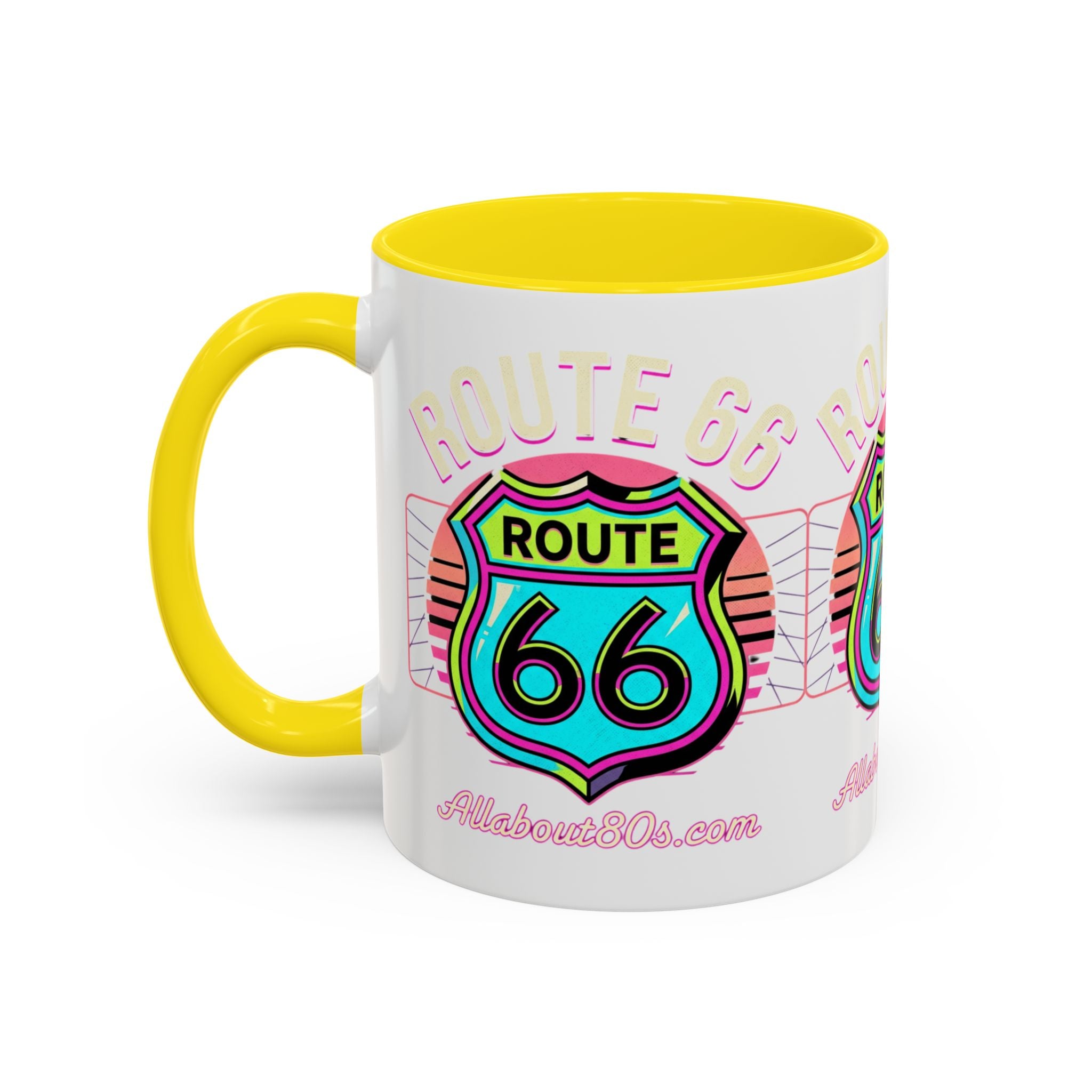Route 66 Neon Shield Accent Coffee Mug — Retro Road Trip Travel Gift (11/15 oz)