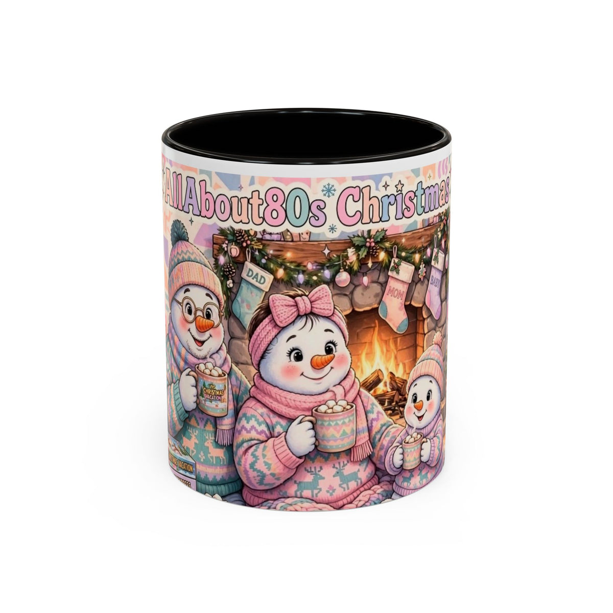 Cute Snowman Christmas Mug — 'All About 80s Christmas' Colorful Holiday Coffee Cup (11oz/15oz)