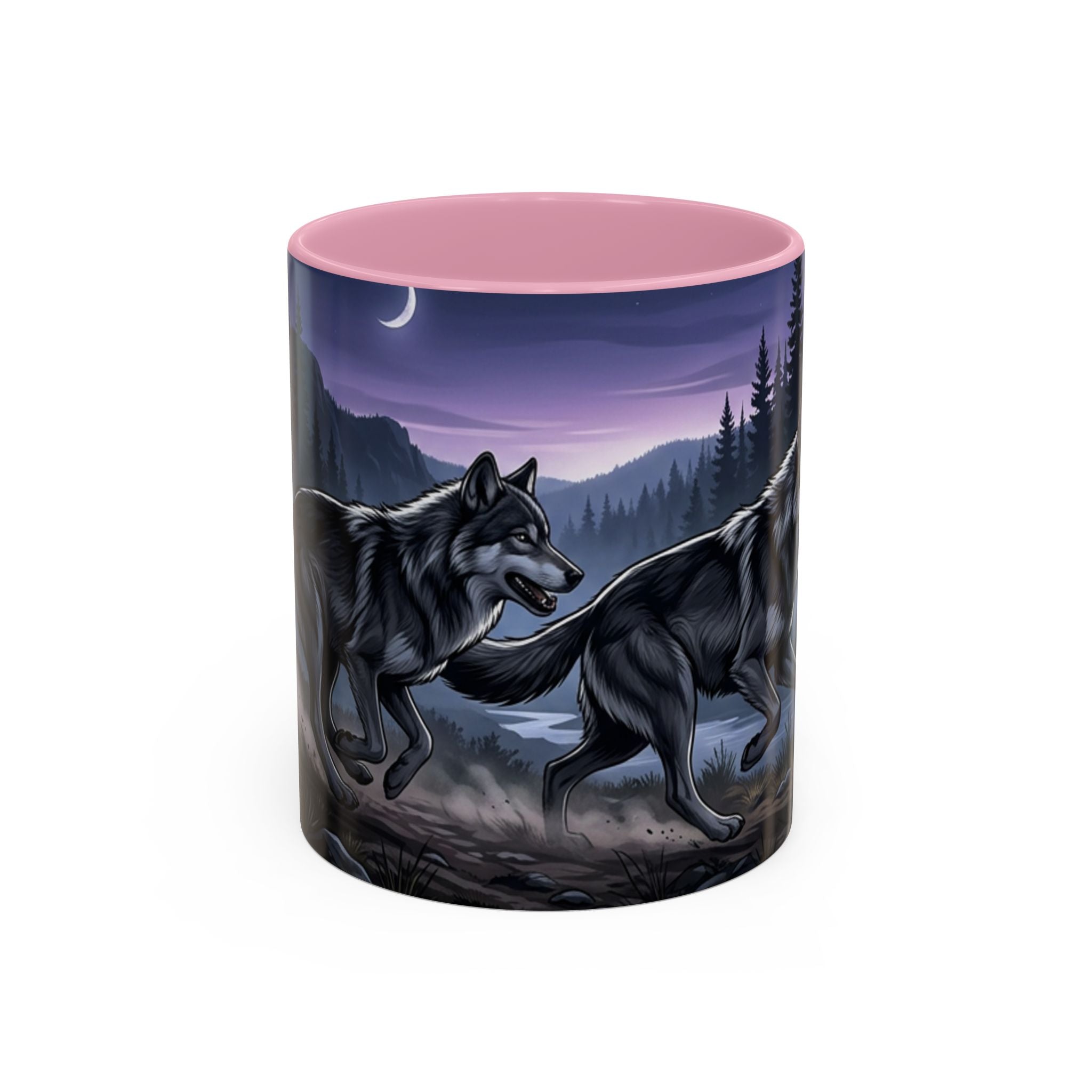 Wolf Pack Nightscape Mug — 11oz/15oz Scenic Black-Interior Coffee Cup